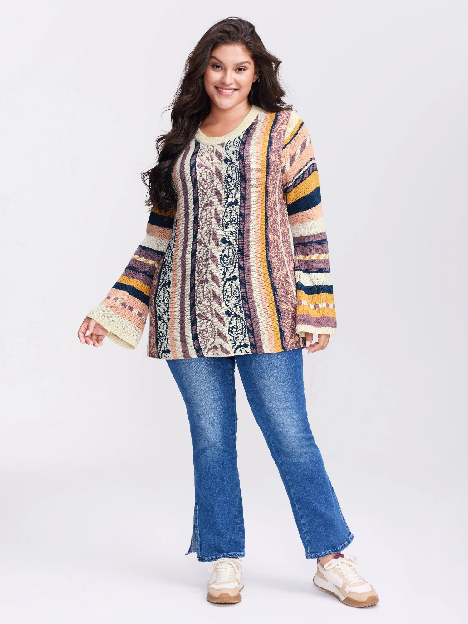 Boho Stripe Flared Sleeve Stretchy Pullover - Image 3