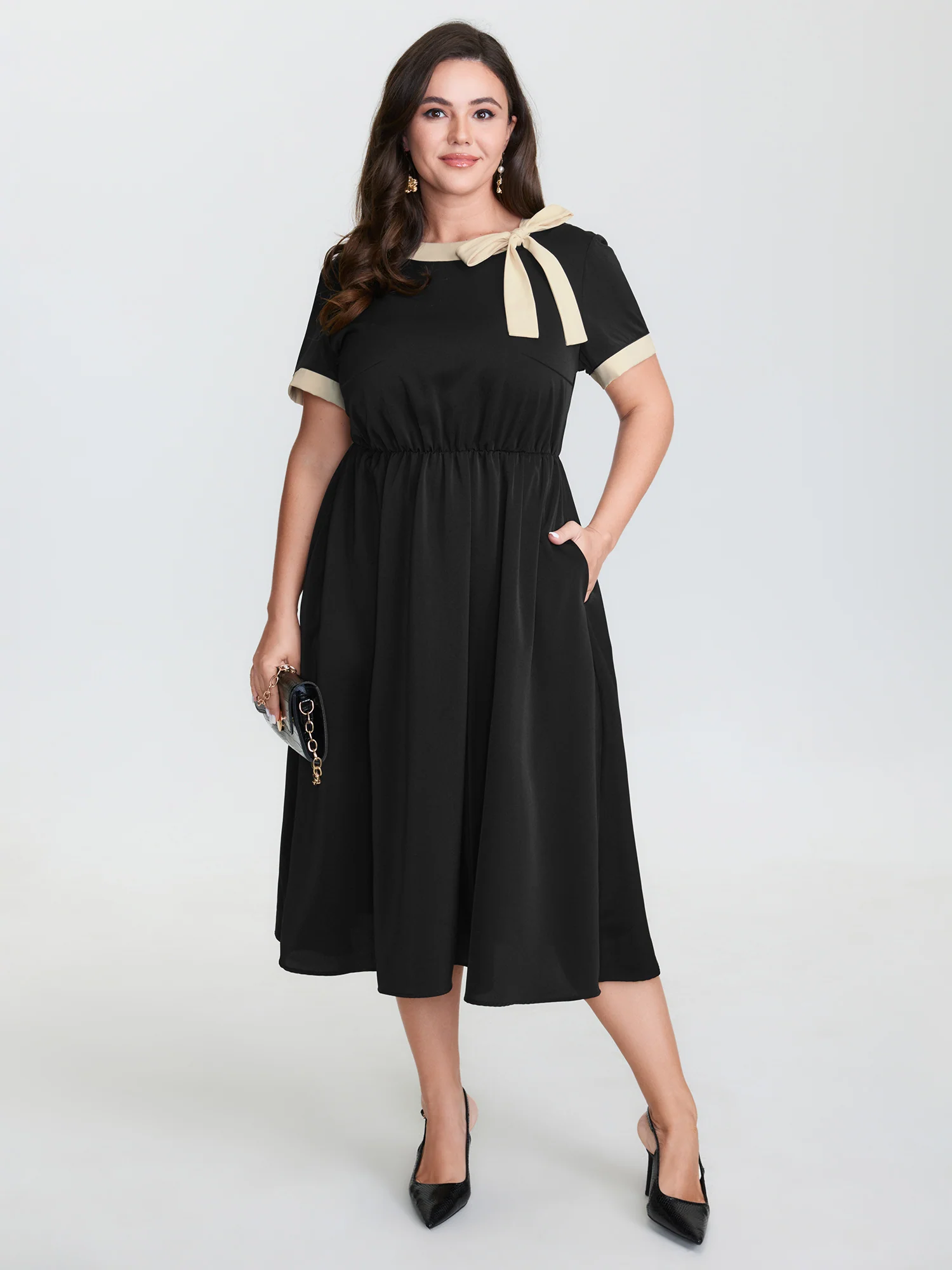 Bow Neckline Stretchy Waist Midi Dress - Image 3