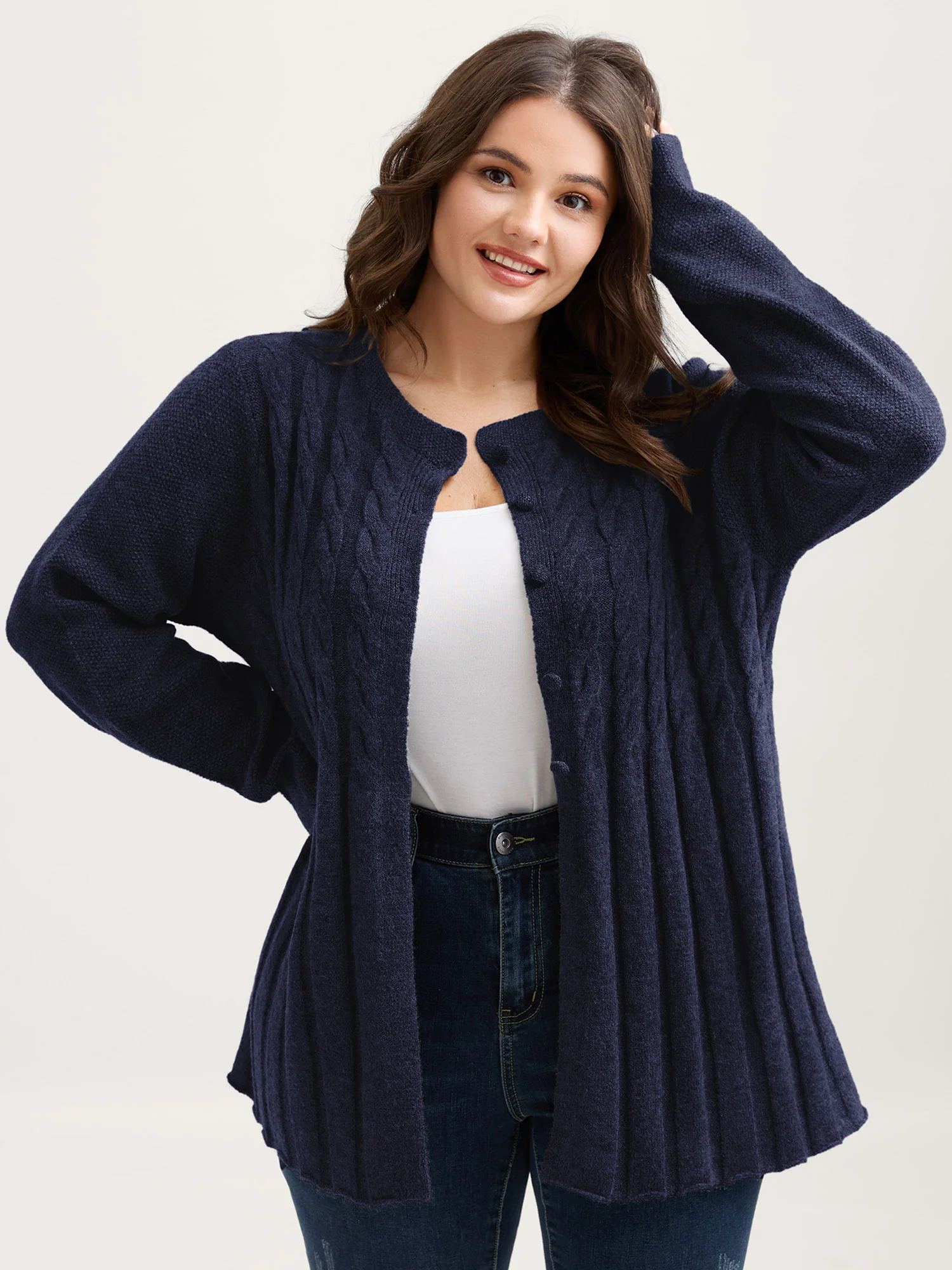 Cable Knit Round Neck Button Knit Cardigan - Image 4