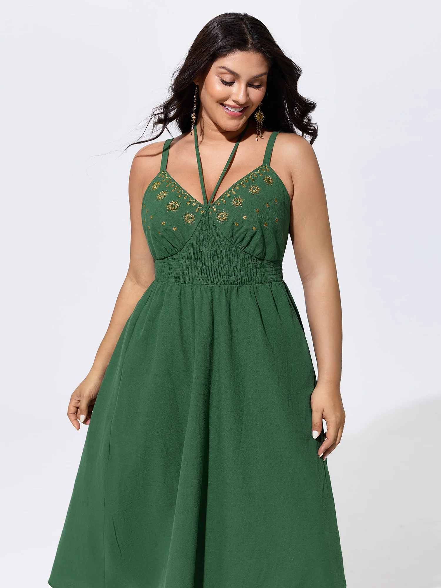 Cotton Embroidered V-Neckline Midi Dress - Image 3