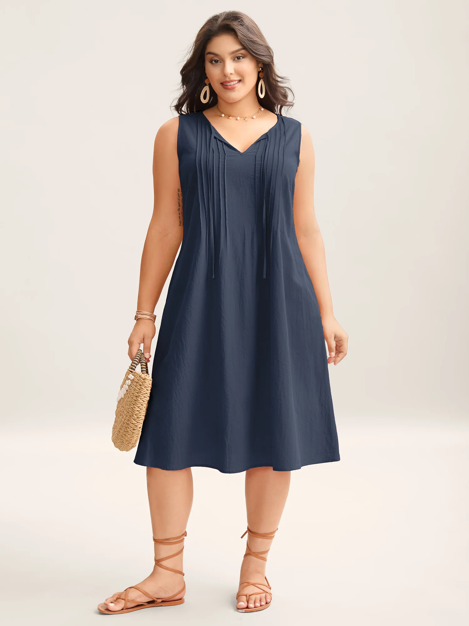 Cotton Toothpick Pleat Plain Midi Dress - Image 8
