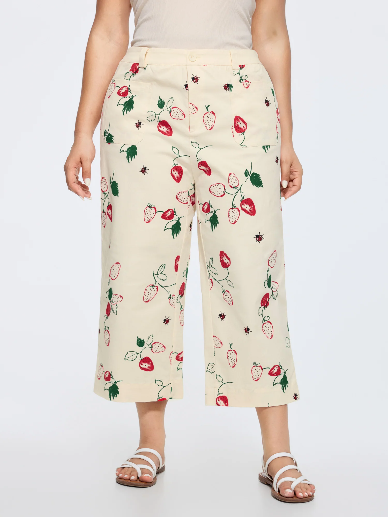 Cotton Strawberry Print Straight-Leg Pants