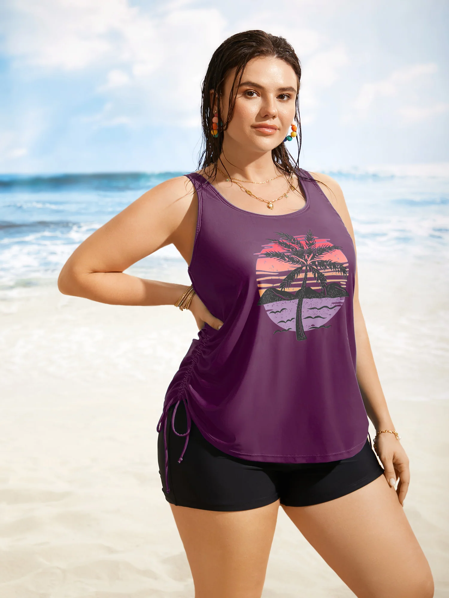 Island Print Drawstring Adjustable Swim Top - Image 16