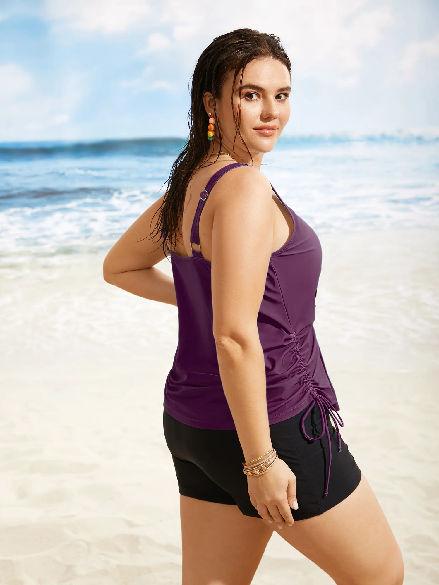 Island Print Drawstring Adjustable Swim Top - Image 19