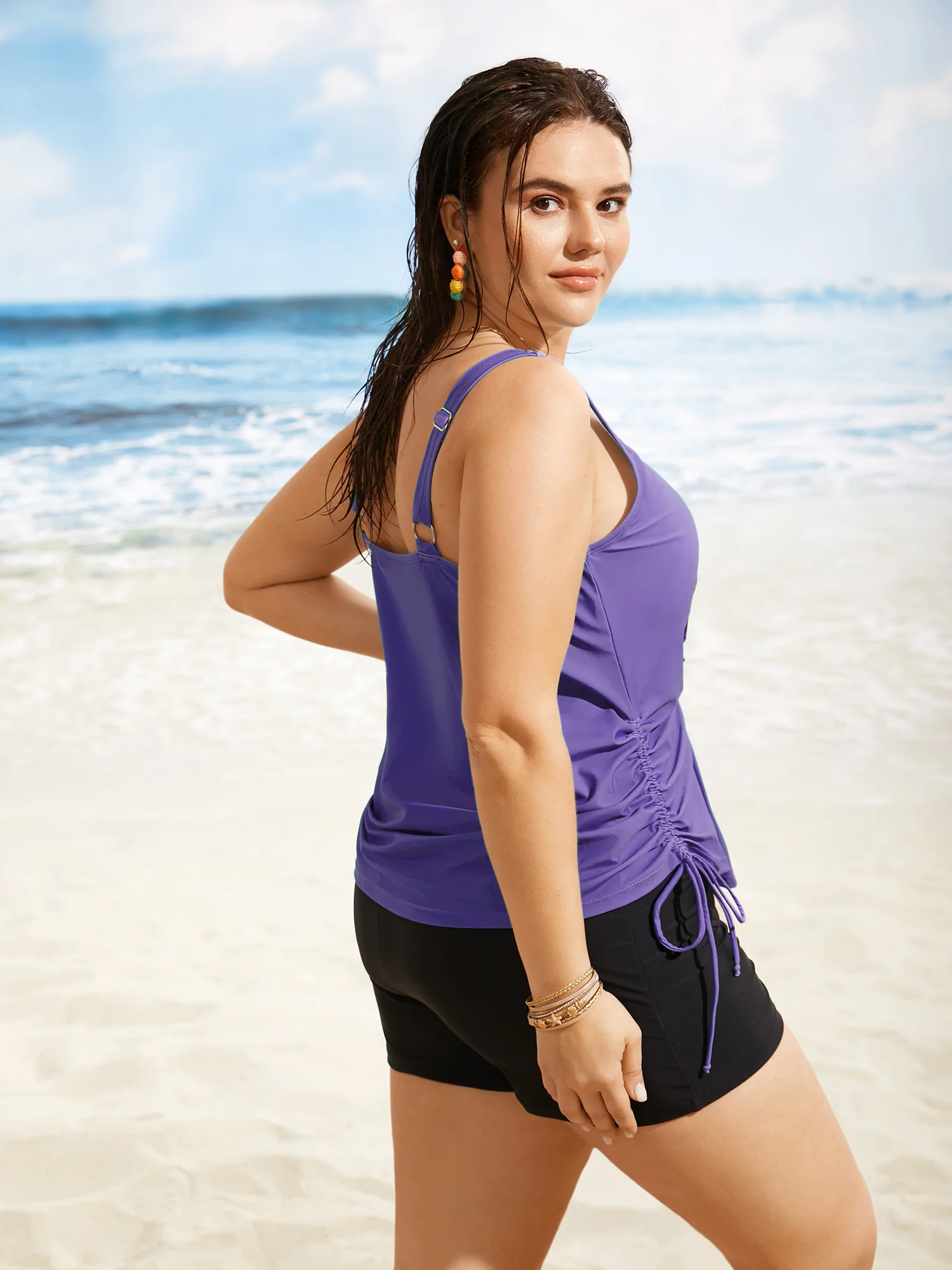 Island Print Drawstring Adjustable Swim Top - Image 23