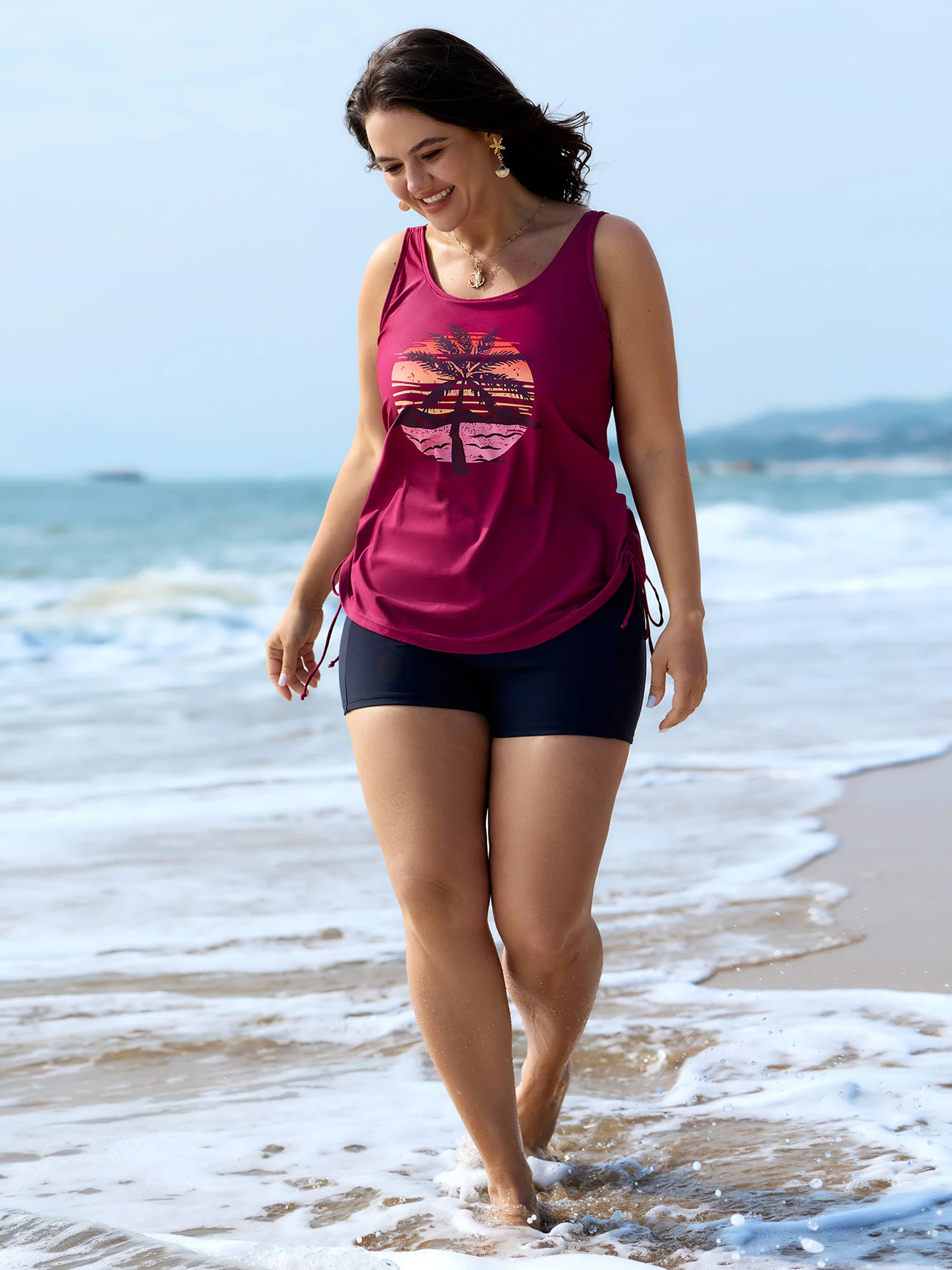 Island Print Drawstring Adjustable Swim Top - Image 38