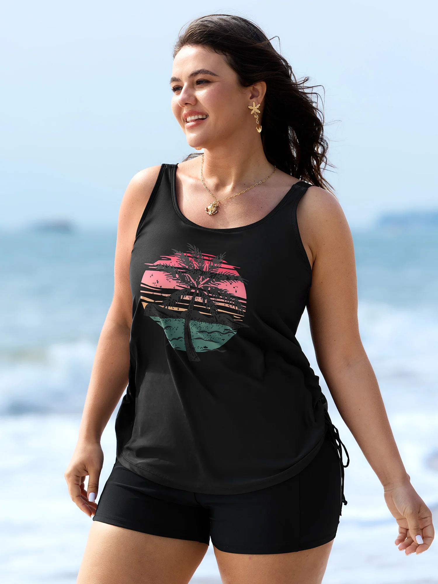 Island Print Drawstring Adjustable Swim Top - Image 8