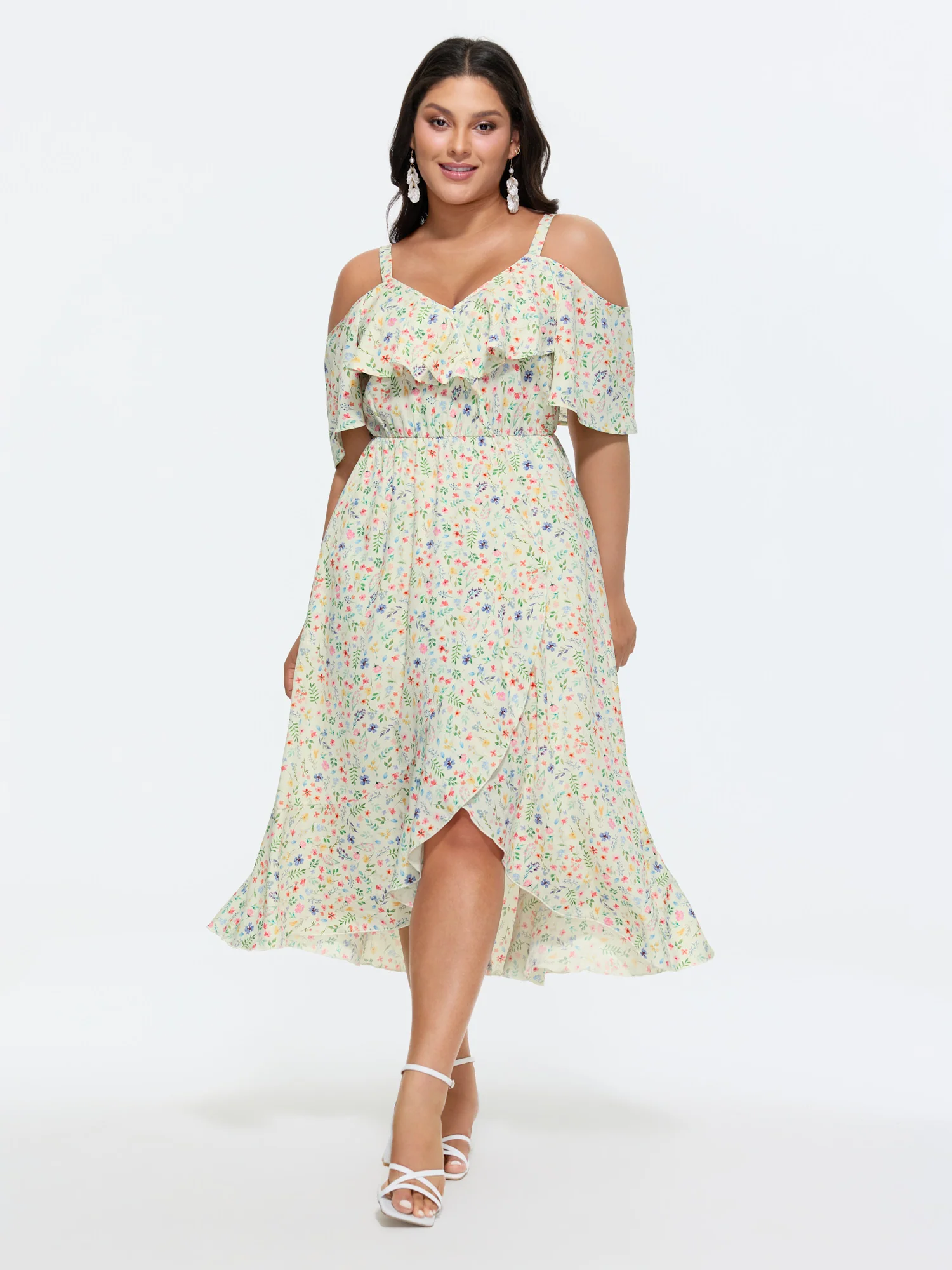 Ditsy Floral Pocket Wrap Cold Shoulder Ruffle Dress - Image 21
