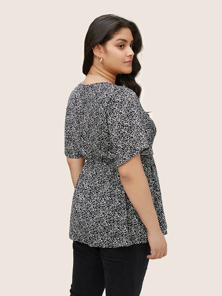 Ditsy Floral Shirred Ruffle Sleeve Elastic Waist Blouse - Image 4