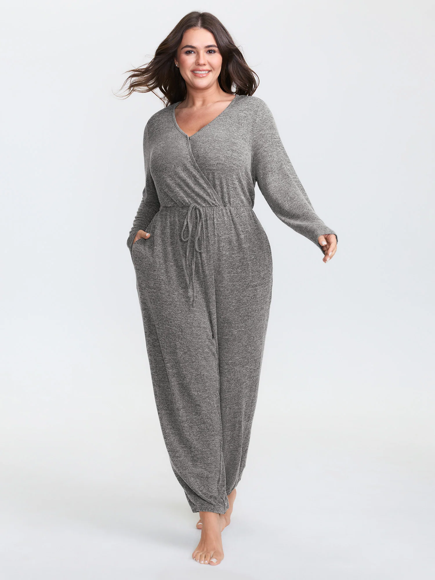 Elastic Waist Overlap Collar Lounge Jumpsuit