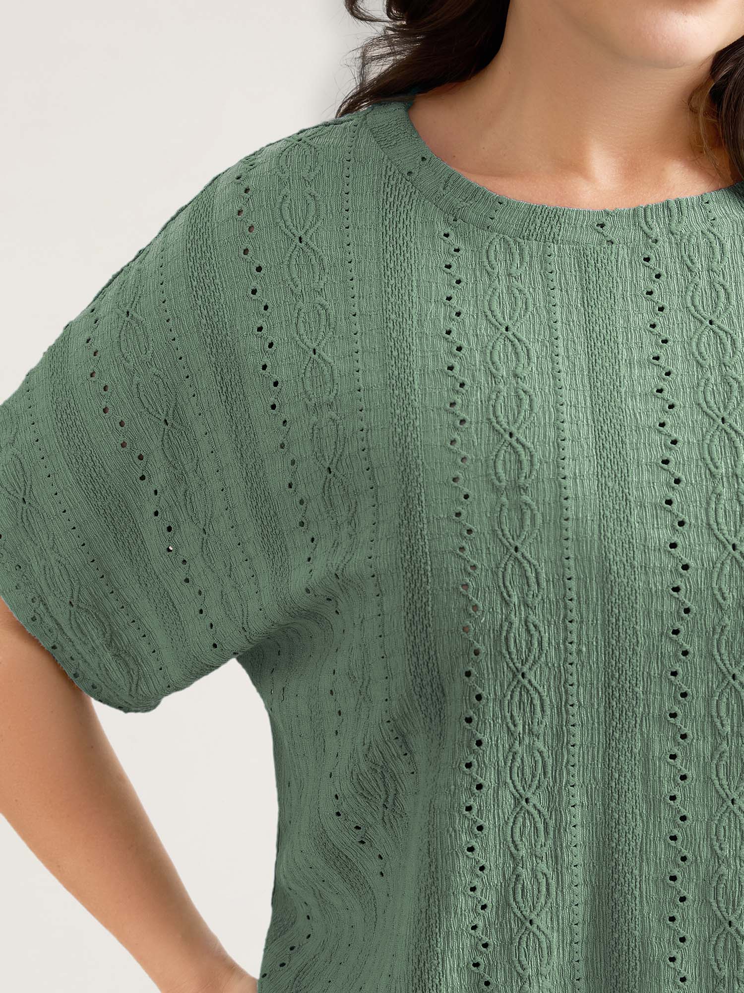 Eyelet Trim Stretchy Textured Plain Top - Image 15