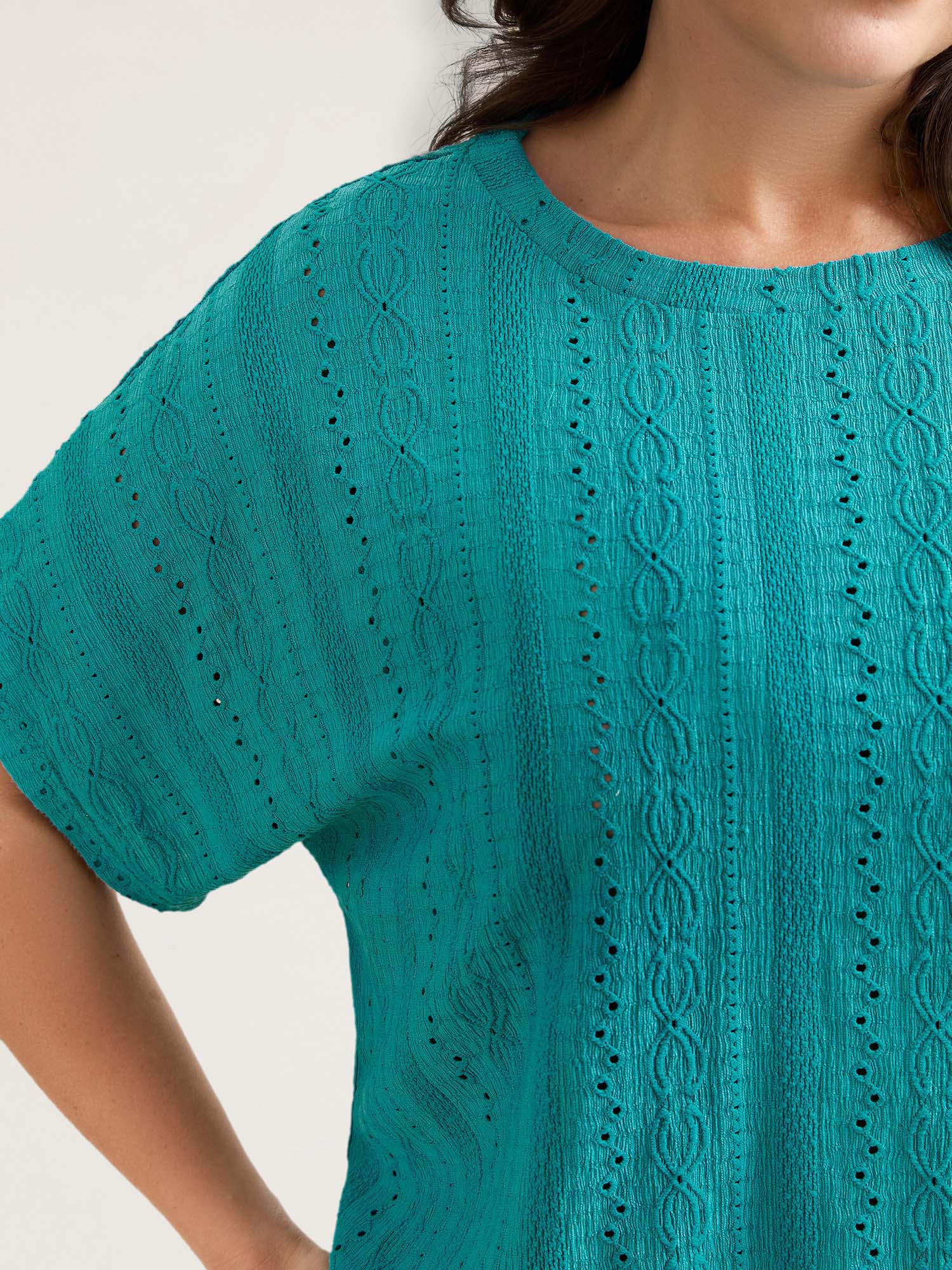 Eyelet Trim Stretchy Textured Plain Top - Image 20