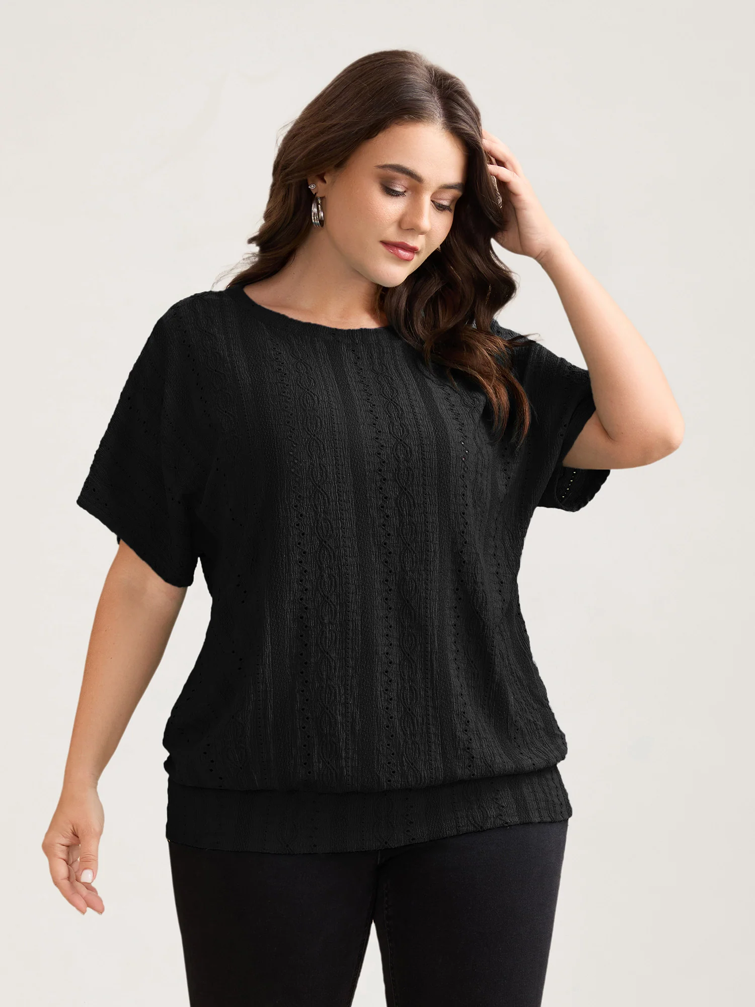Eyelet Trim Stretchy Textured Plain Top - Image 7