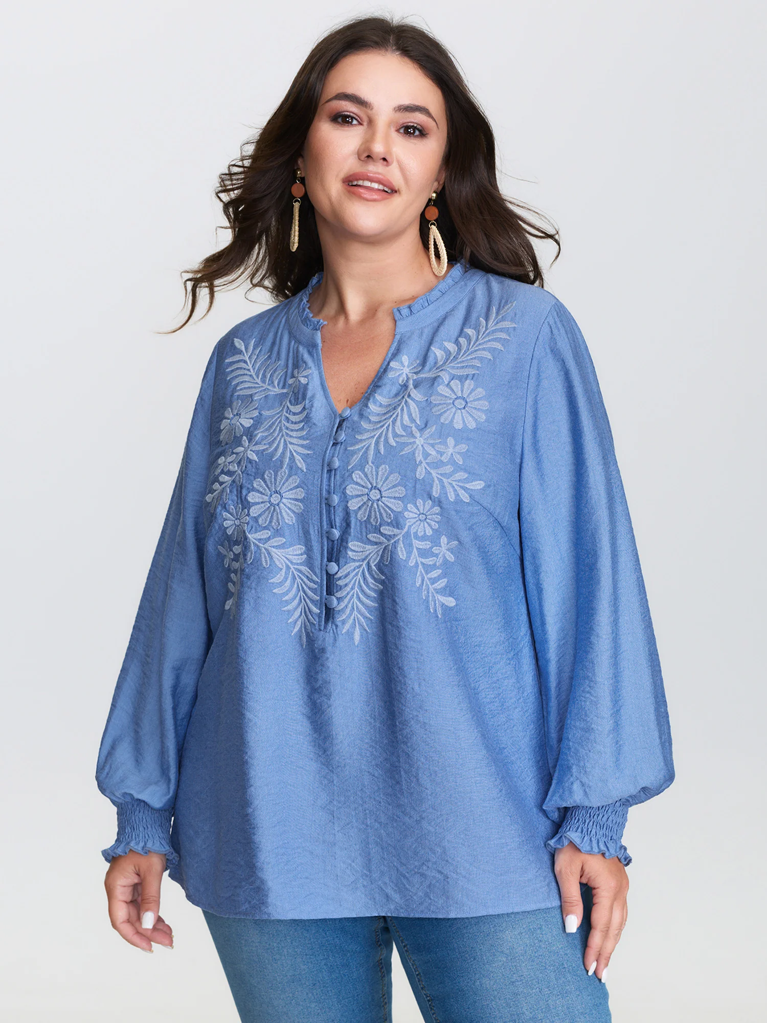 Floral Embroidery Button Detail Blouse