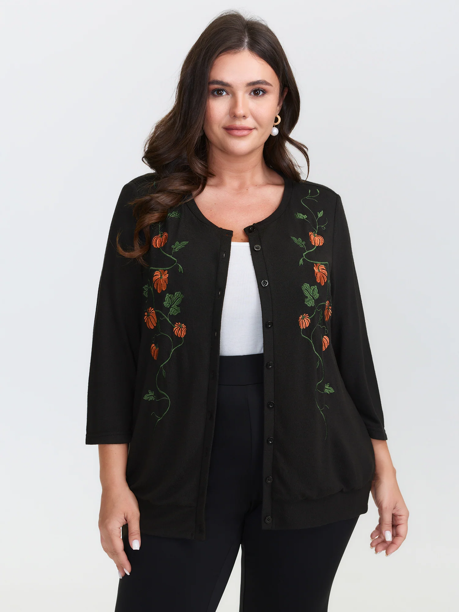 Floral Embroidered Stretch Knit Button Front Jacket