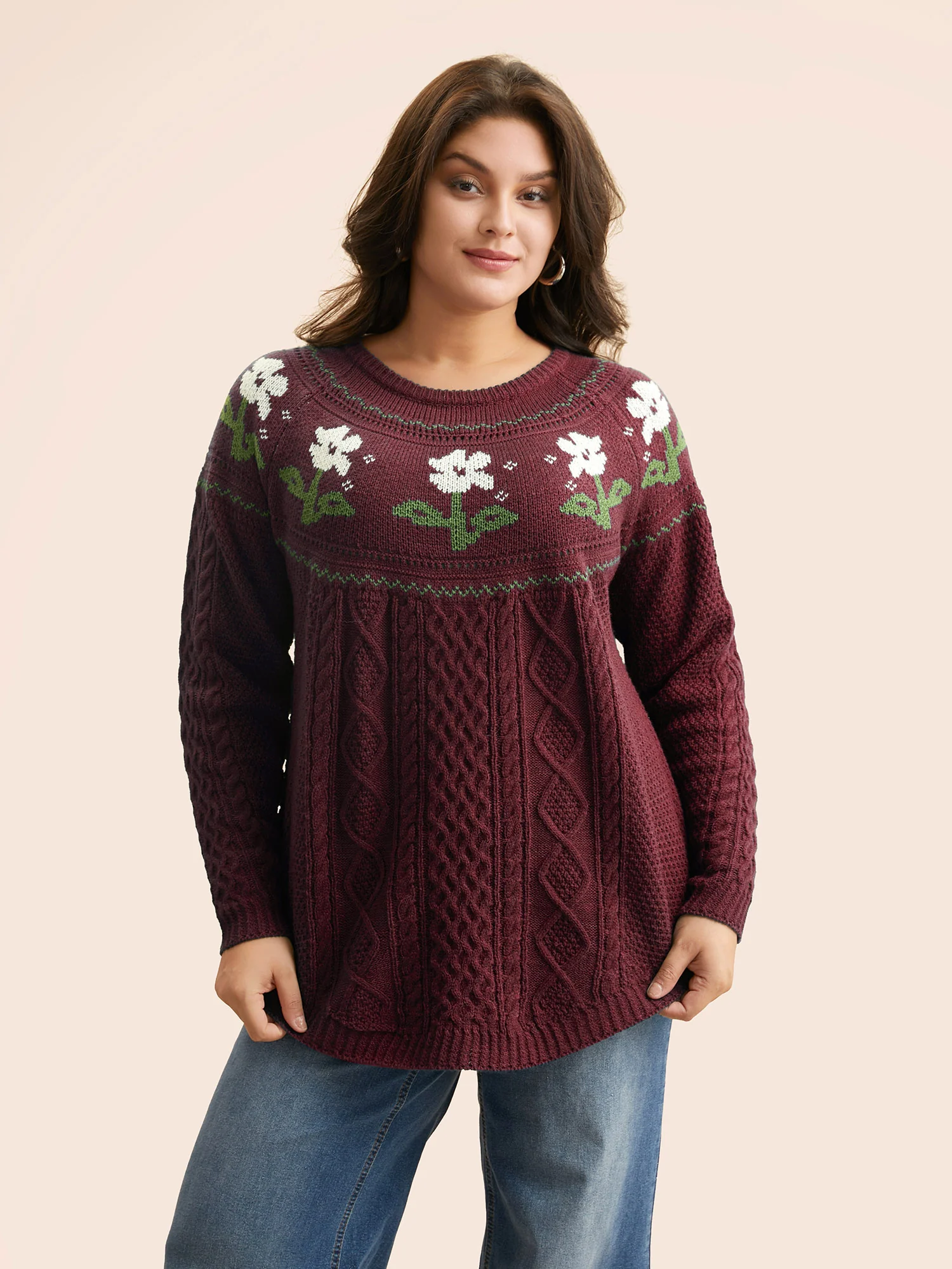 Floral Jacquard Raglan Sleeve Pullover - Image 11
