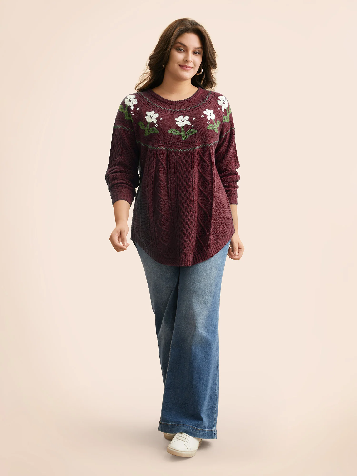 Floral Jacquard Raglan Sleeve Pullover - Image 12