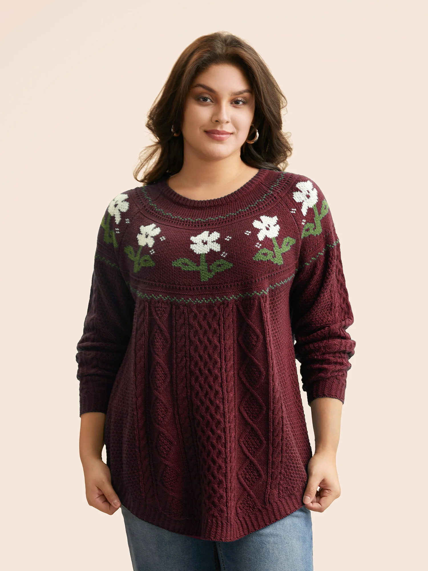 Floral Jacquard Raglan Sleeve Pullover - Image 9
