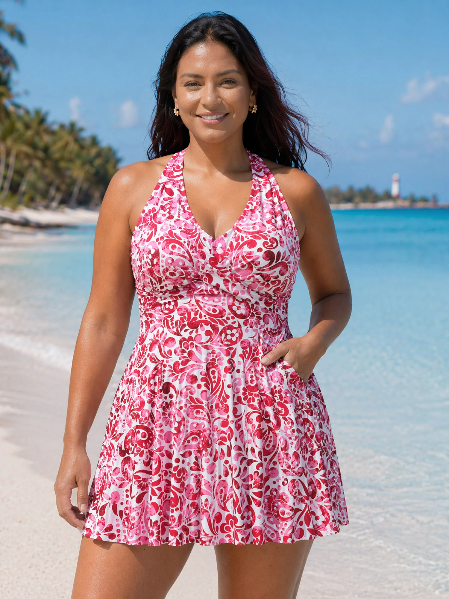 Floral Paisley Print Back Cut-Out Swim Dress - Image 2