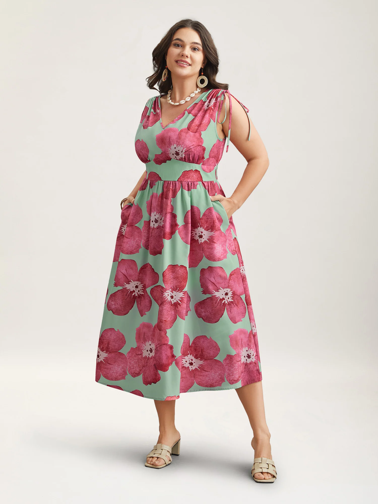 Floral Print V-Neck Tied Midi Dress - Image 6