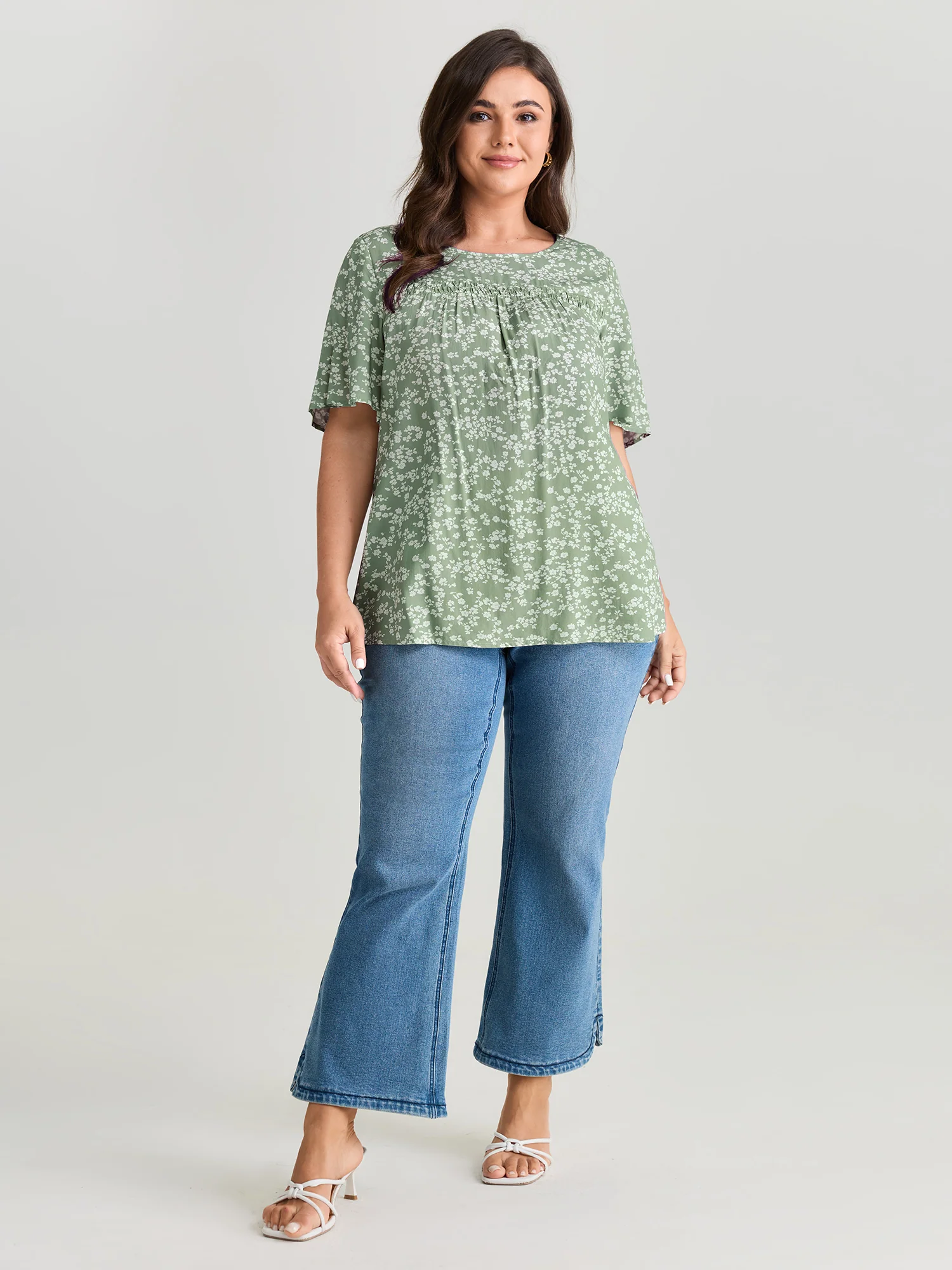 Floral Ruffle Sleeve Gathered Round Neck Blouse - Image 11