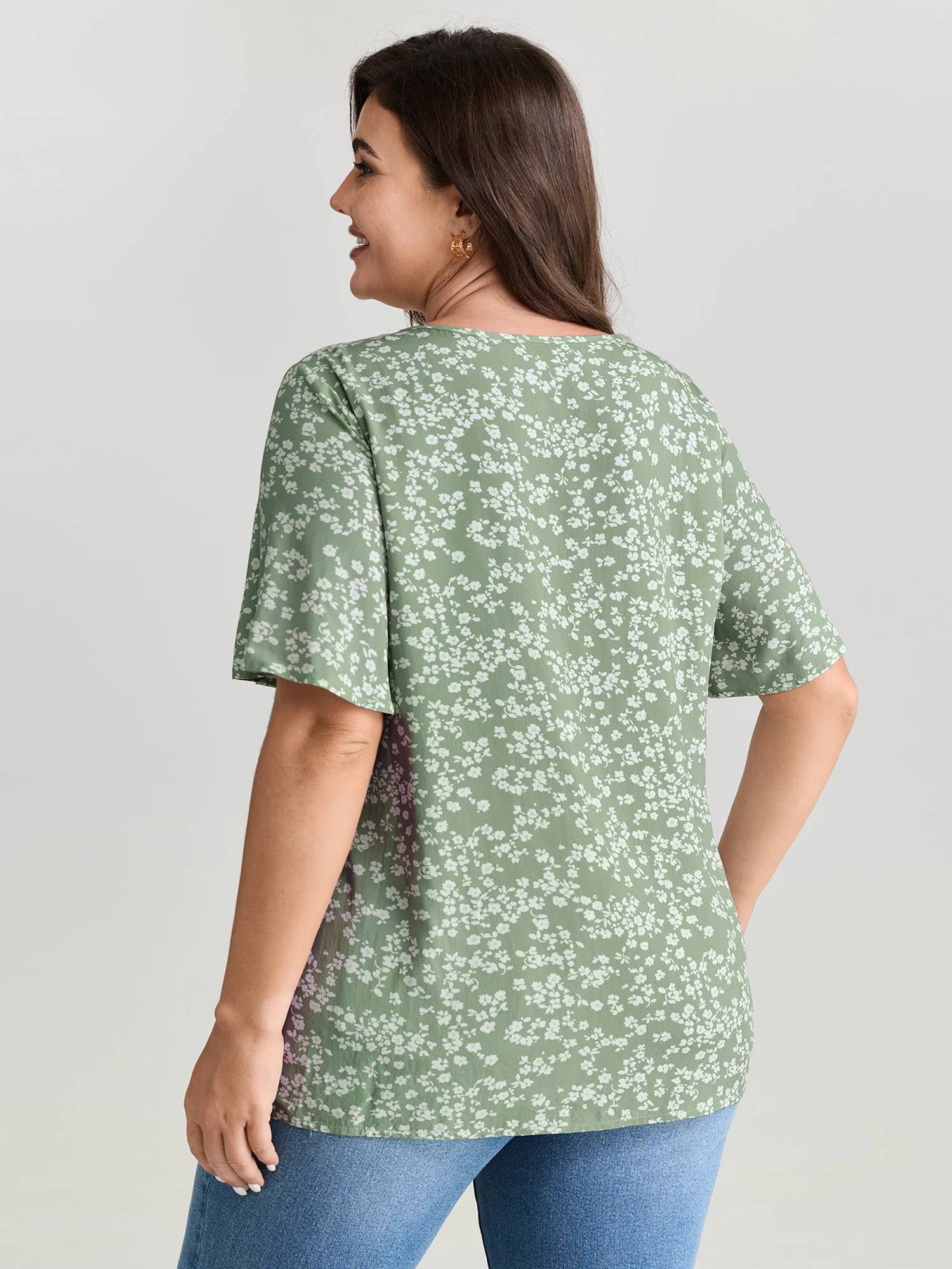 Floral Ruffle Sleeve Gathered Round Neck Blouse - Image 12