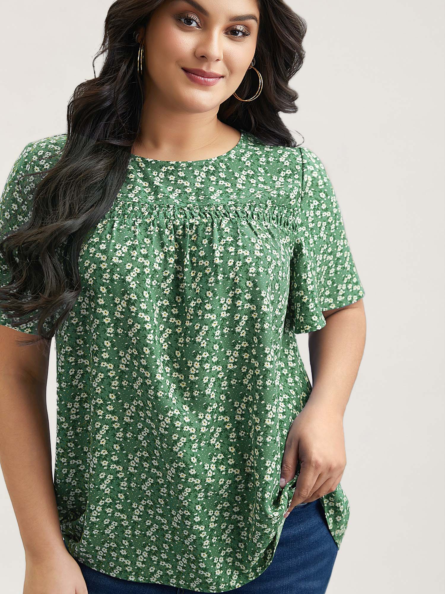 Floral Ruffle Sleeve Gathered Round Neck Blouse - Image 13
