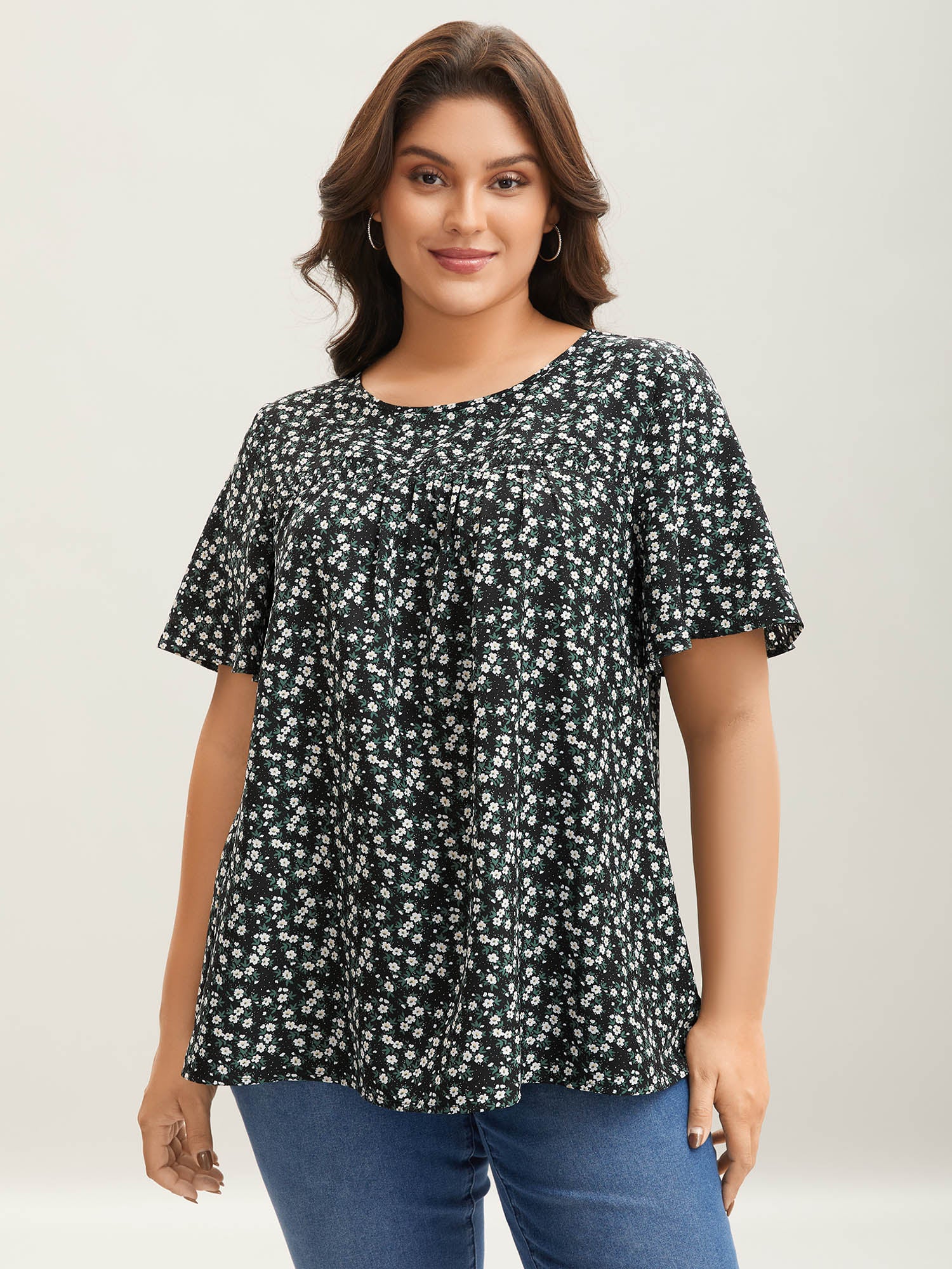 Floral Ruffle Sleeve Gathered Round Neck Blouse - Image 17