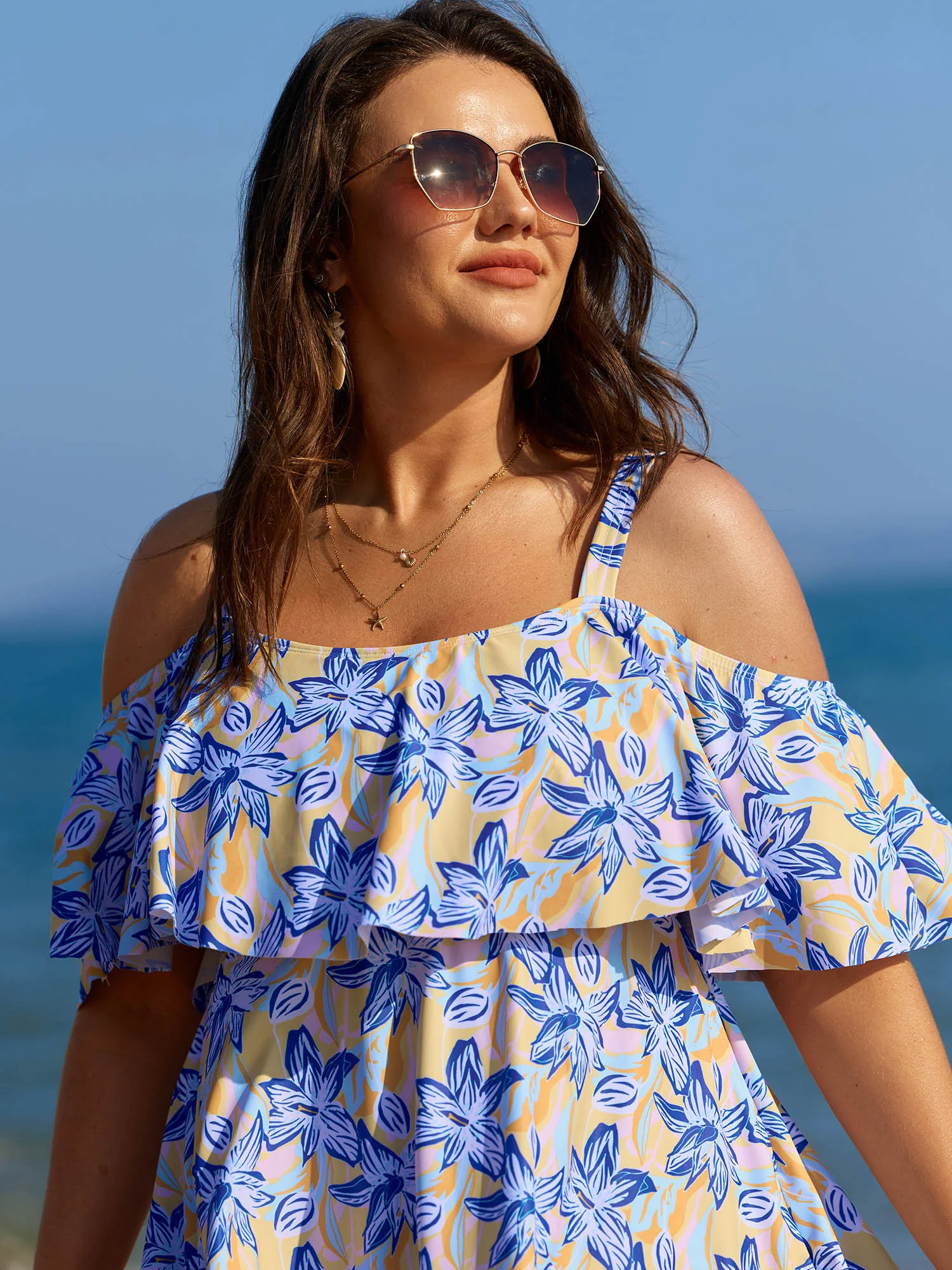 Floral Ruffle Trim Off Shoulder Pockets Swim Dress - Image 2