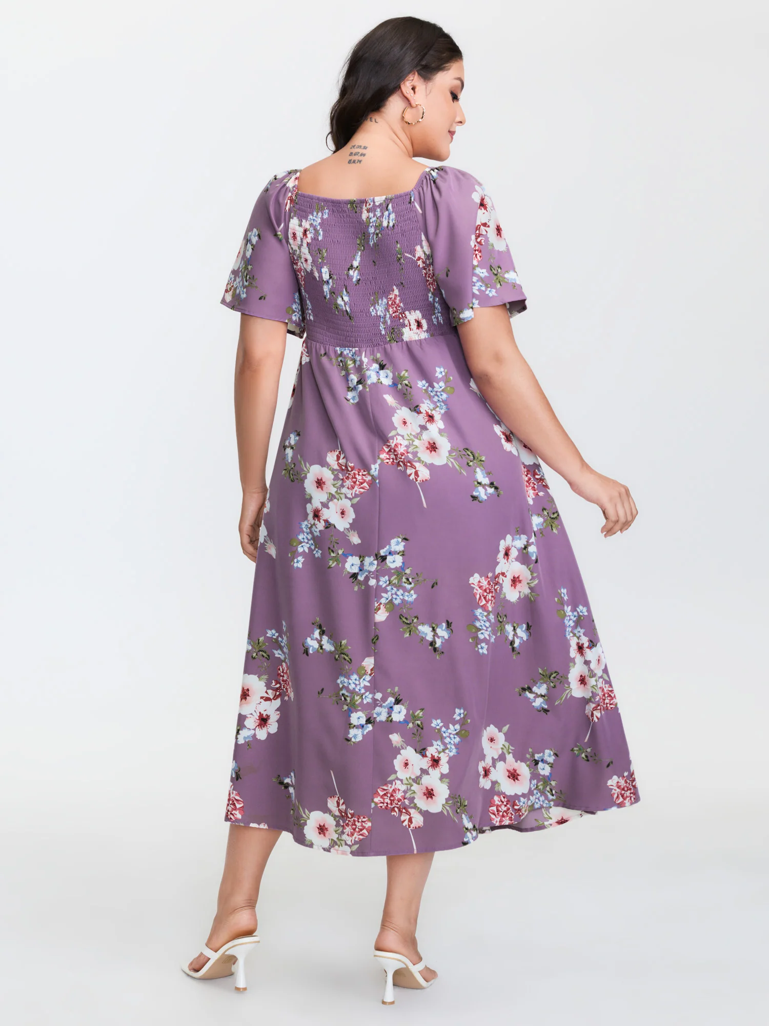 Floral Square Neck Ruffles Pocket Shirred Split Dress - Image 11