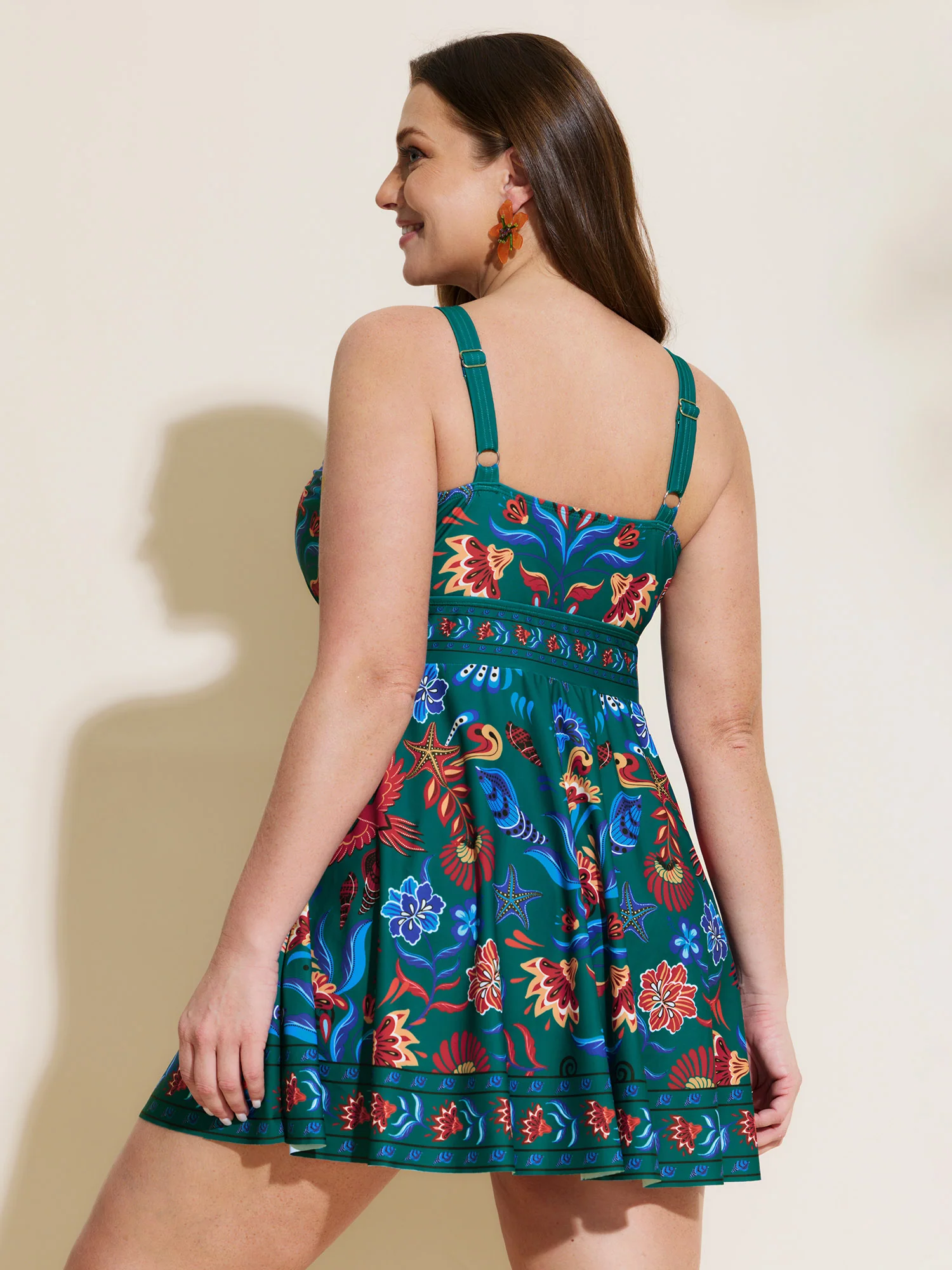 Floral Surplice Neckline Pockets Swim Dress - Image 50