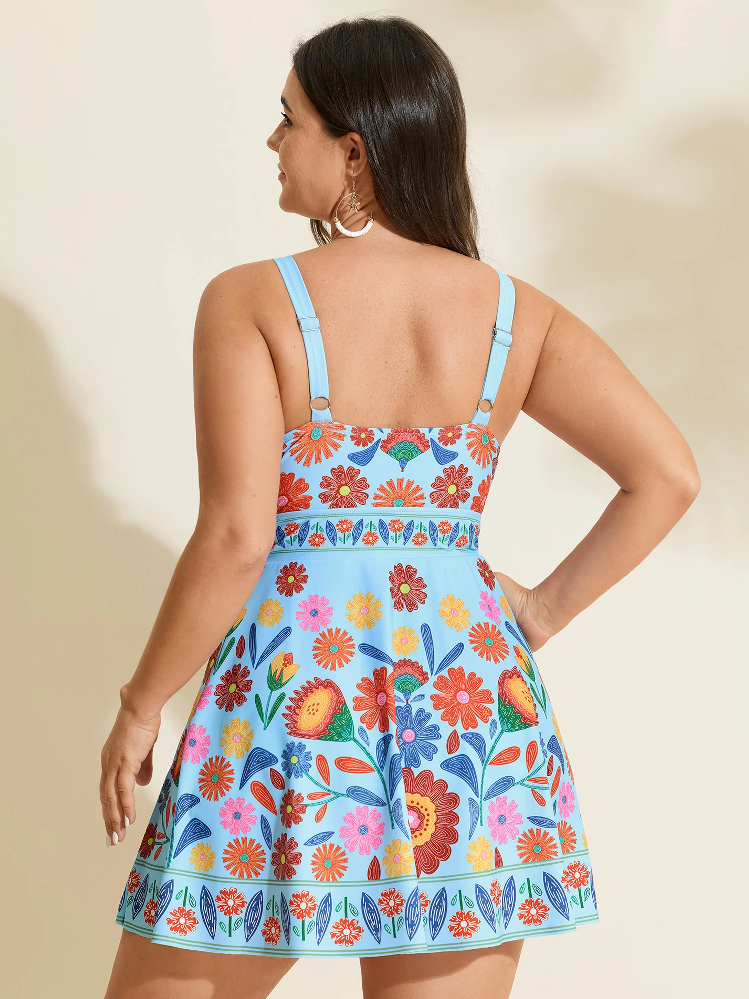 Floral Surplice Neckline Pockets Swim Dress - Image 60