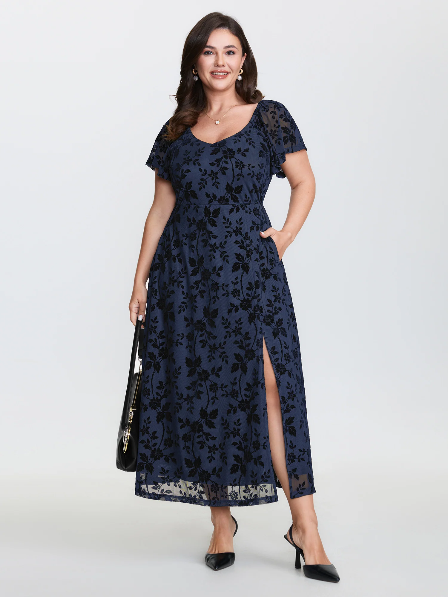 Floral Textured Jacquard Slit Hem Maxi Dress - Image 12