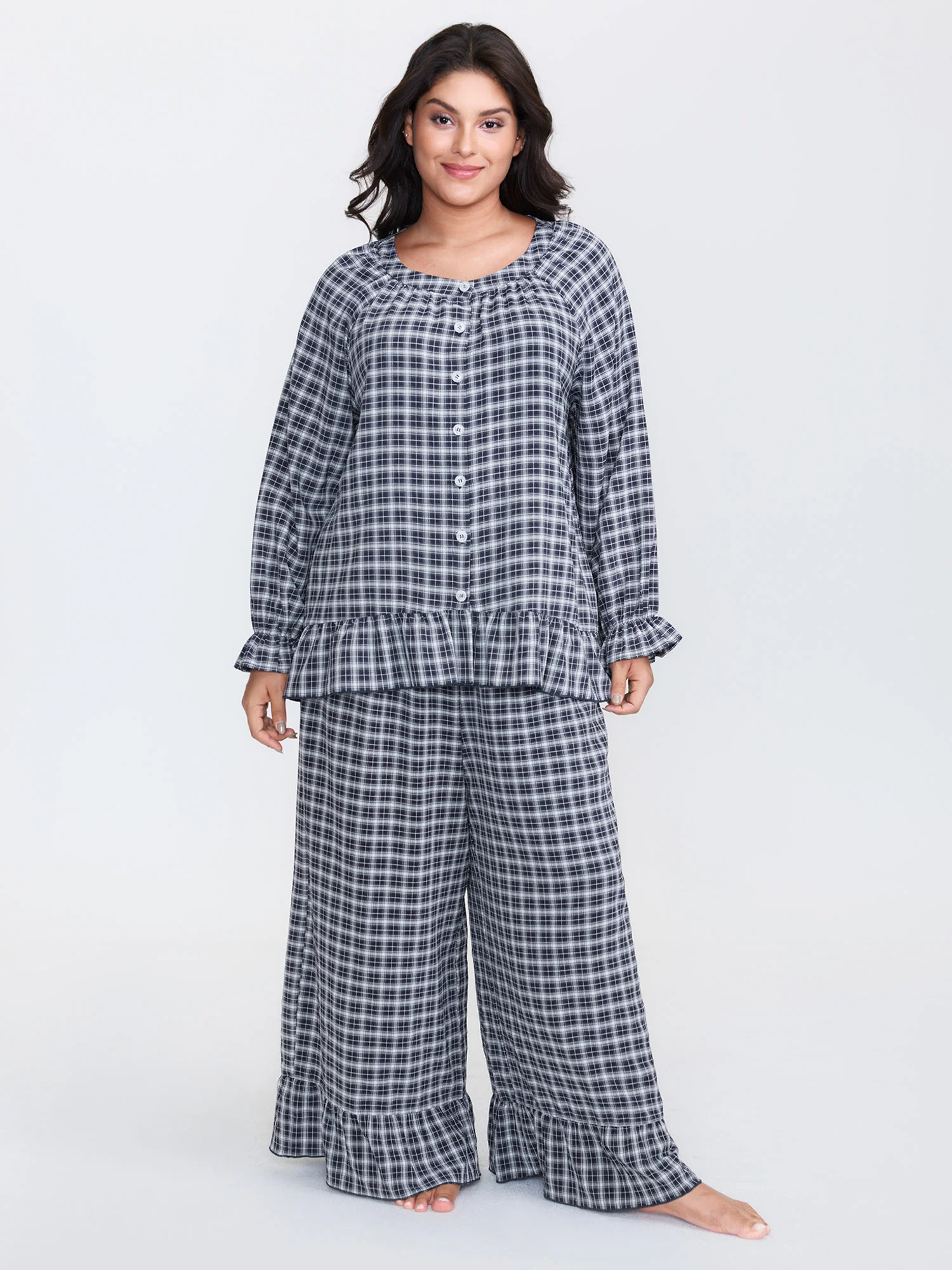 Gingham Print Ruffled Hem Co-Ord Pajama Set - Image 35