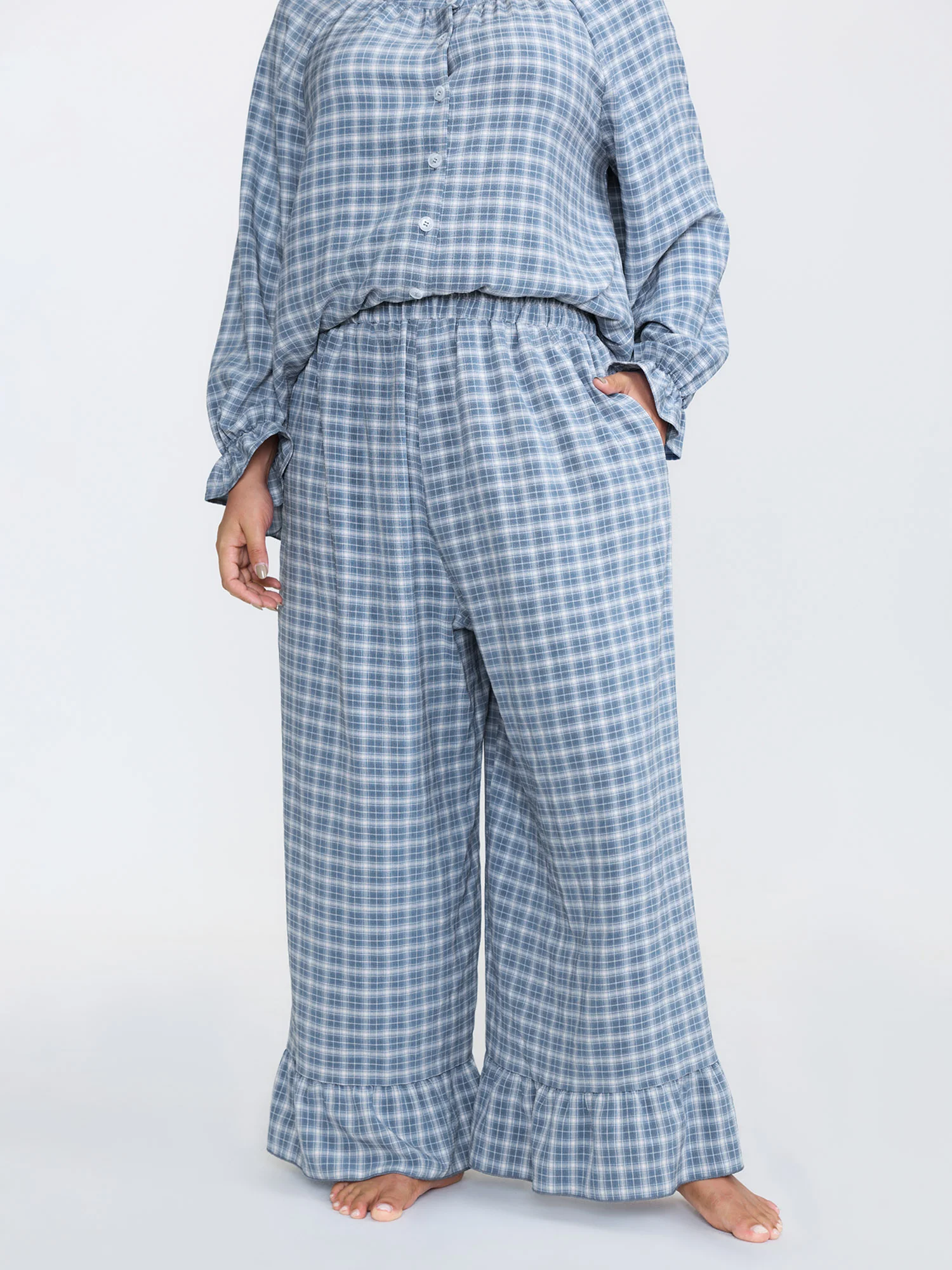 Gingham Print Ruffled Hem Co-Ord Pajama Set - Image 45