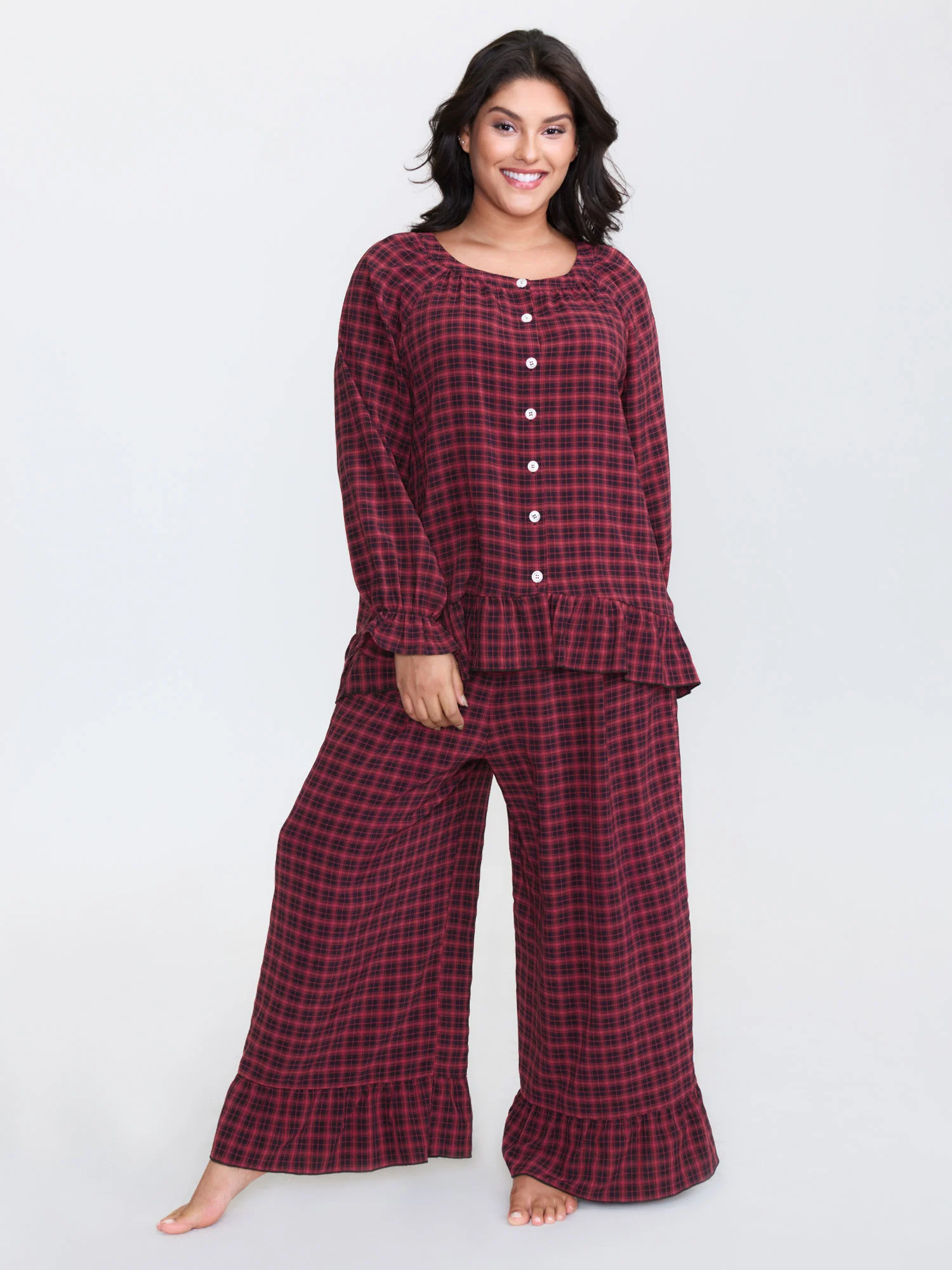Gingham Print Ruffled Hem Co-Ord Pajama Set - Image 49