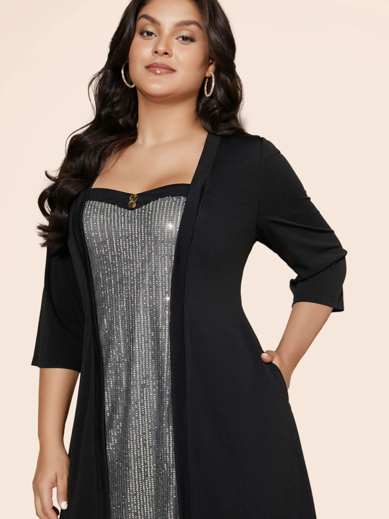 Heart Neckline Patchwork Sequin Button Detail Dress - Image 19