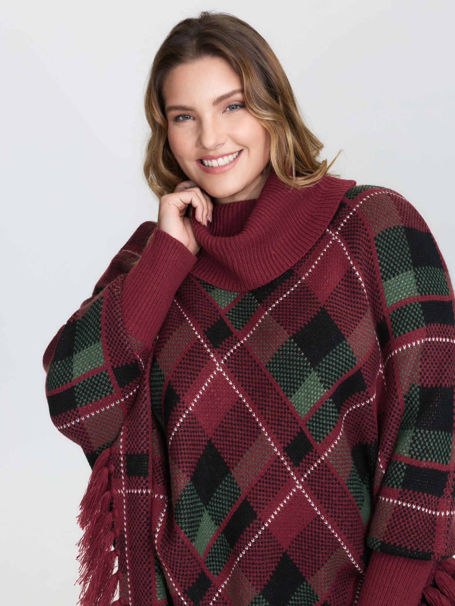 Holiday Plaid Turtleneck Fringe Hem Pullover - Image 3