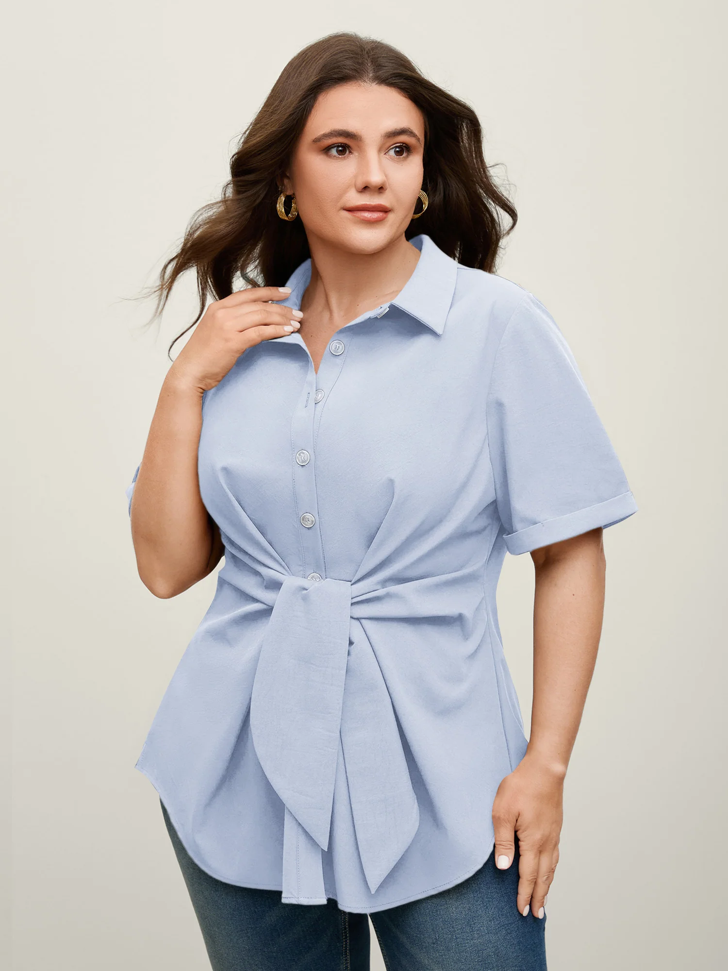 Knotted Front Asymmetrical Hem Blouse - Image 29