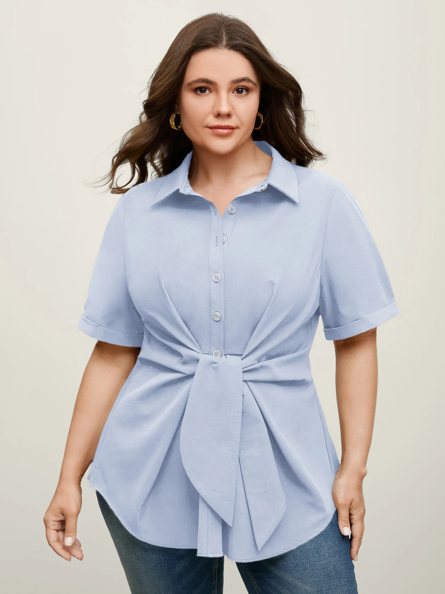 Knotted Front Asymmetrical Hem Blouse - Image 32