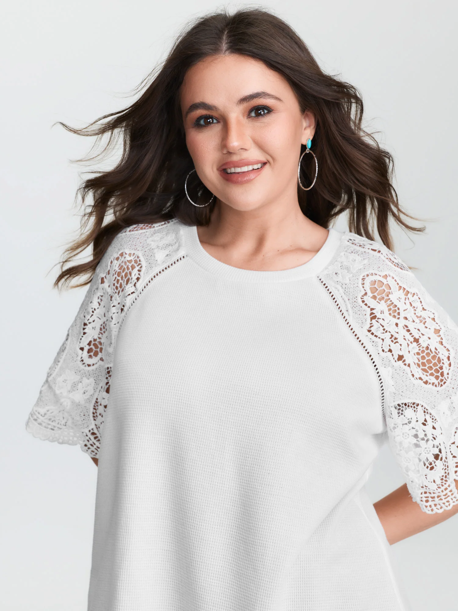 Lace Textured Flared Sleeve Plain Blouse - Image 2
