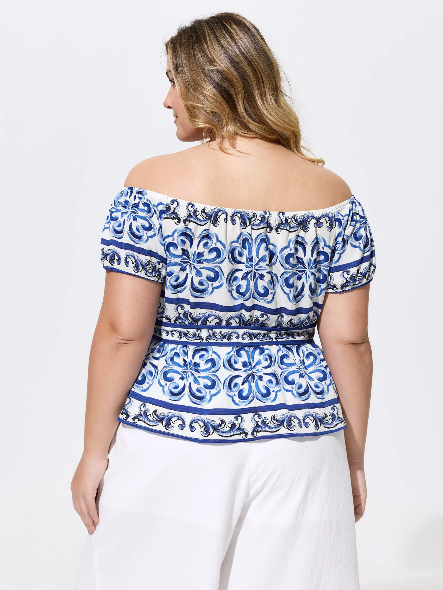 Majolica Print Stretchy Waist Belted Blouse - Image 4