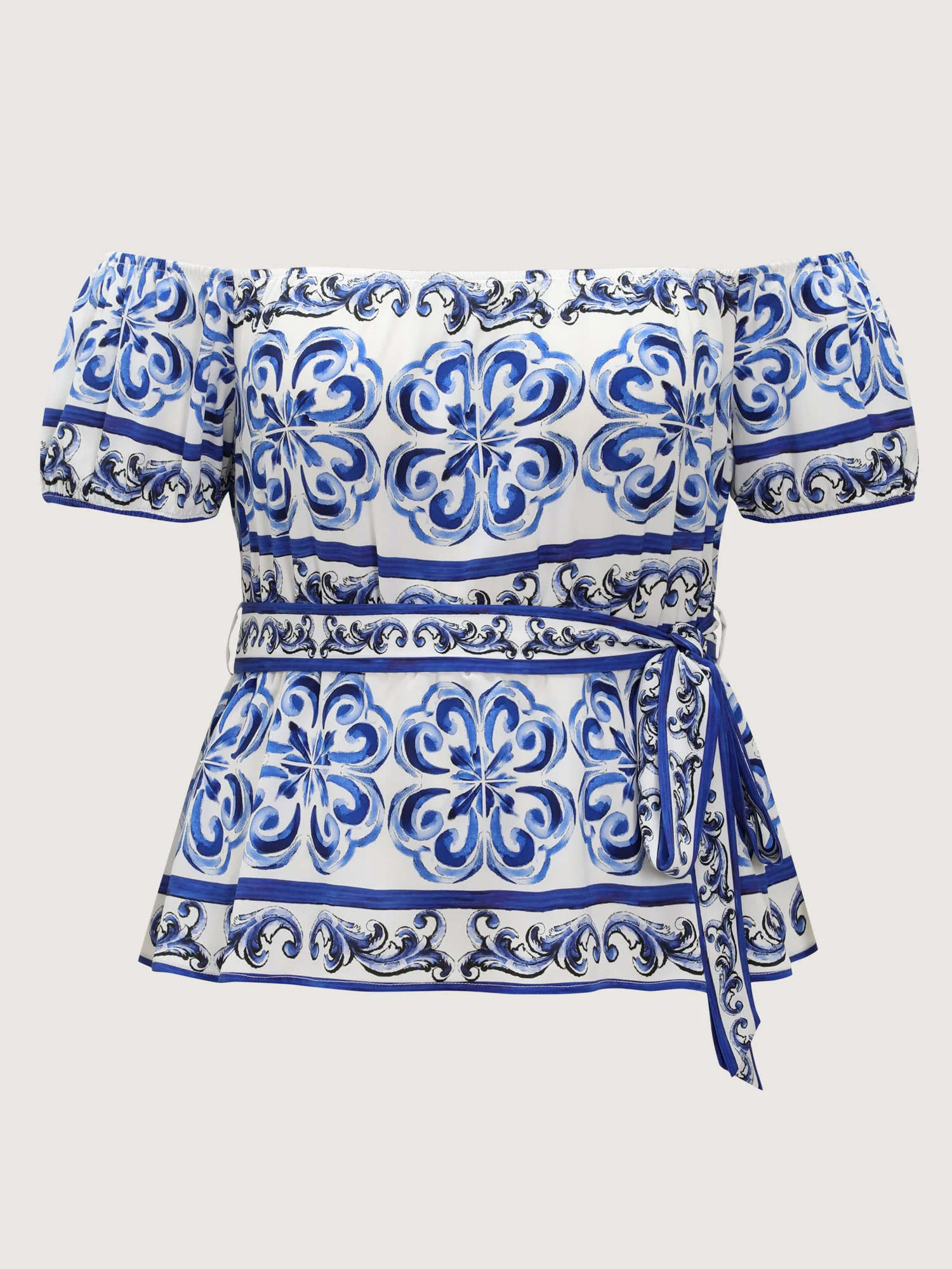 Majolica Print Stretchy Waist Belted Blouse - Image 7