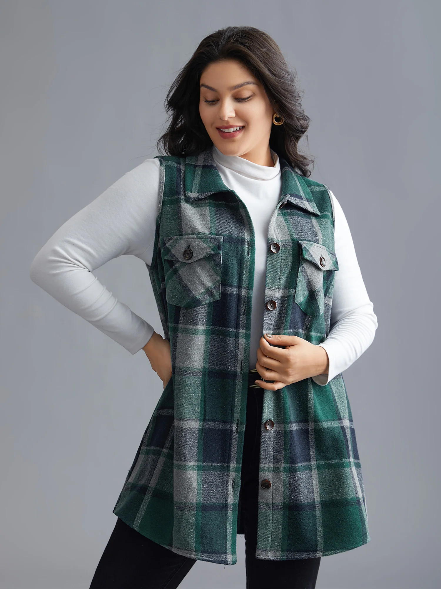 Plaid Flap Detail Sleeveless Jacket - Image 7