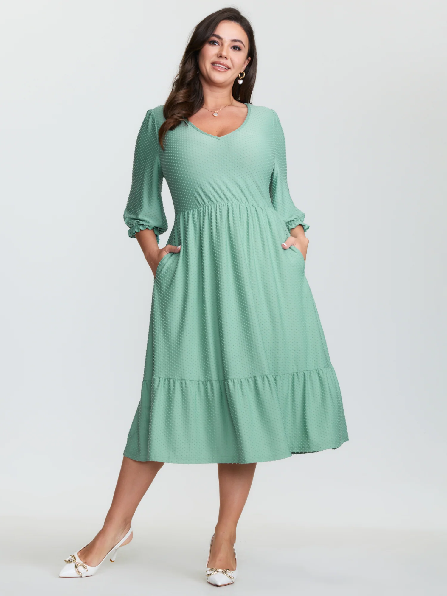 Polka Dots Knit Jacquard Stretchy Waist Midi Dress