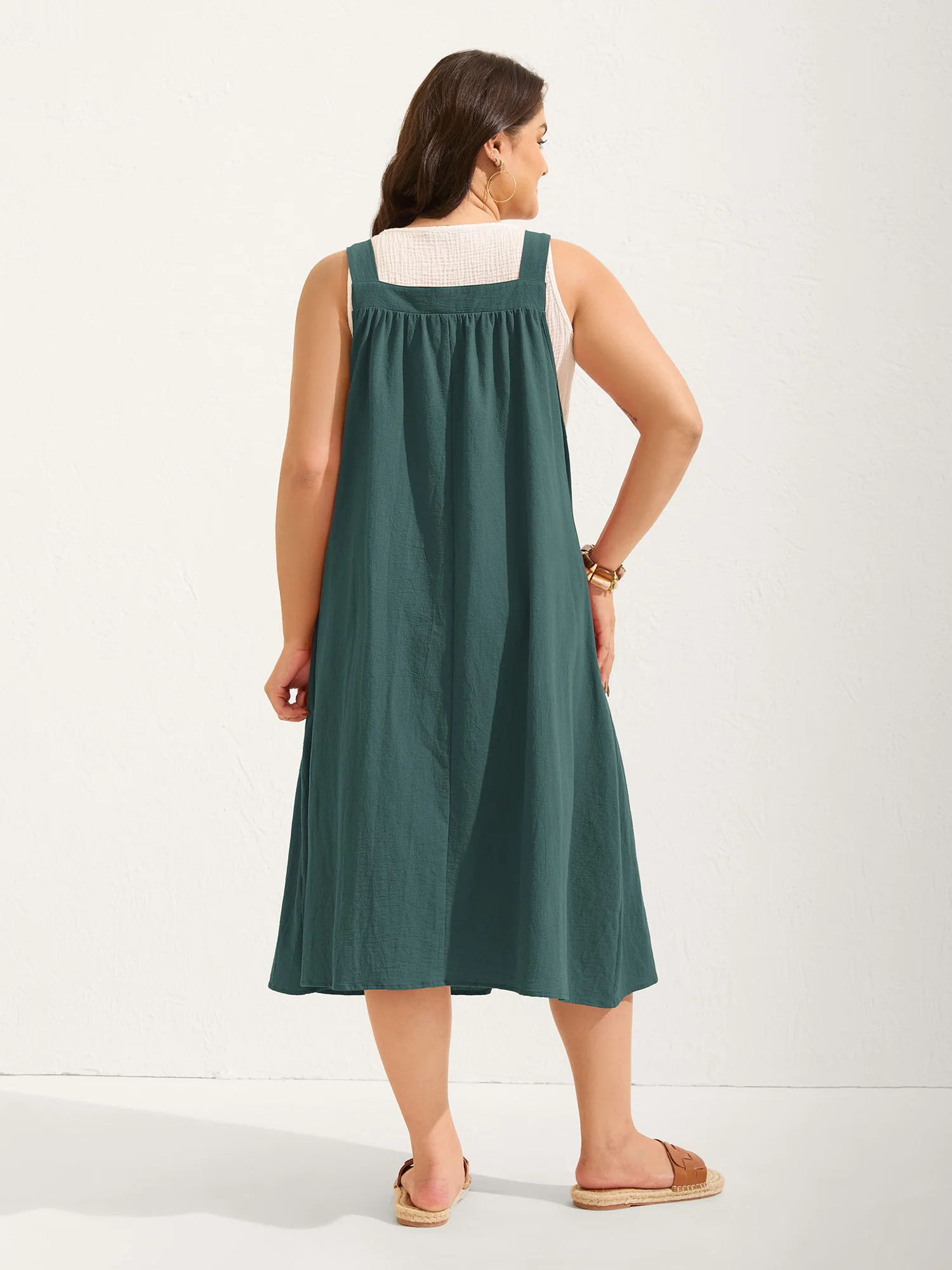 Pure Cotton Pleated Pockets Midi Dress - Image 19
