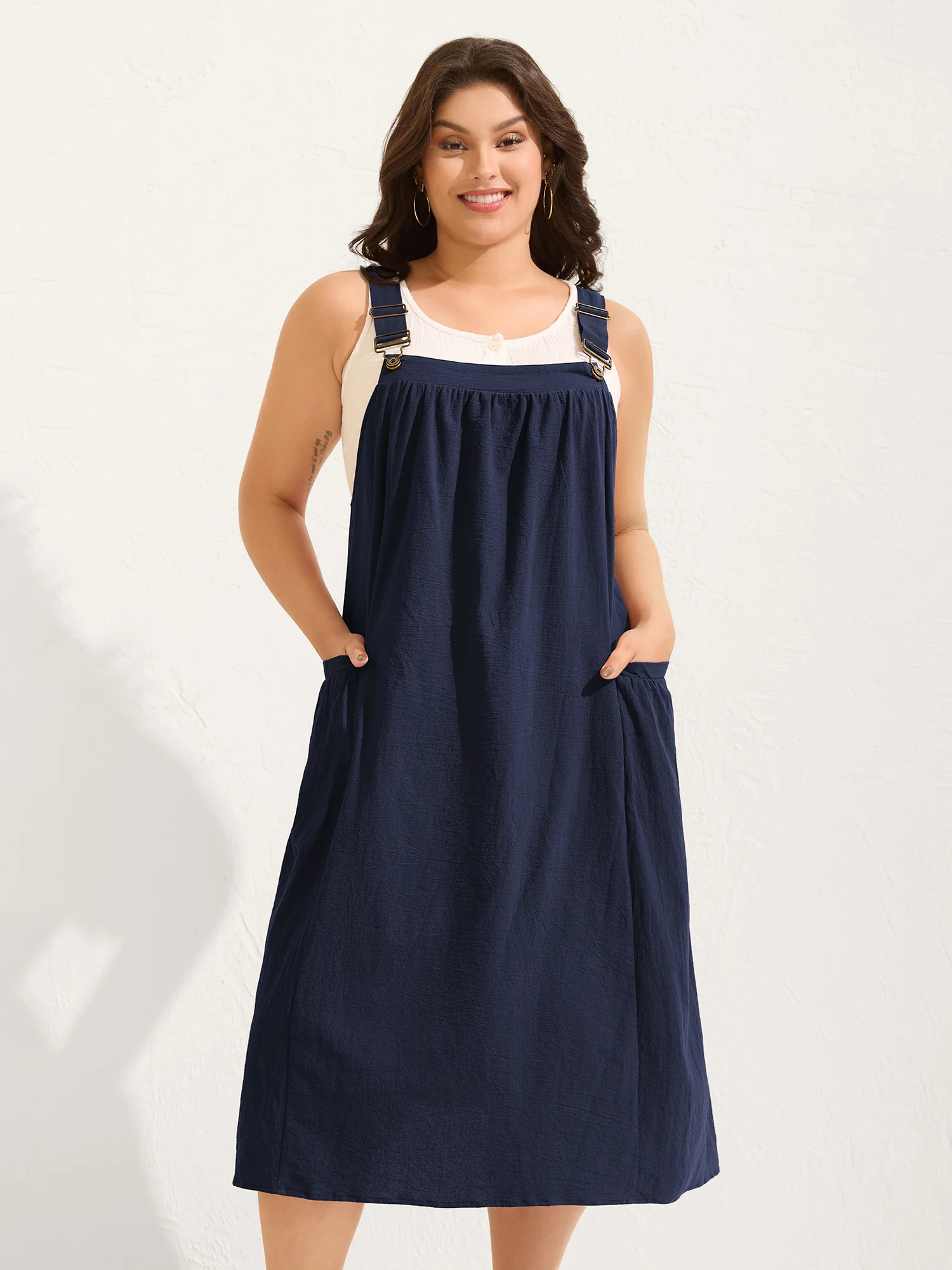 Pure Cotton Pleated Pockets Midi Dress - Image 4
