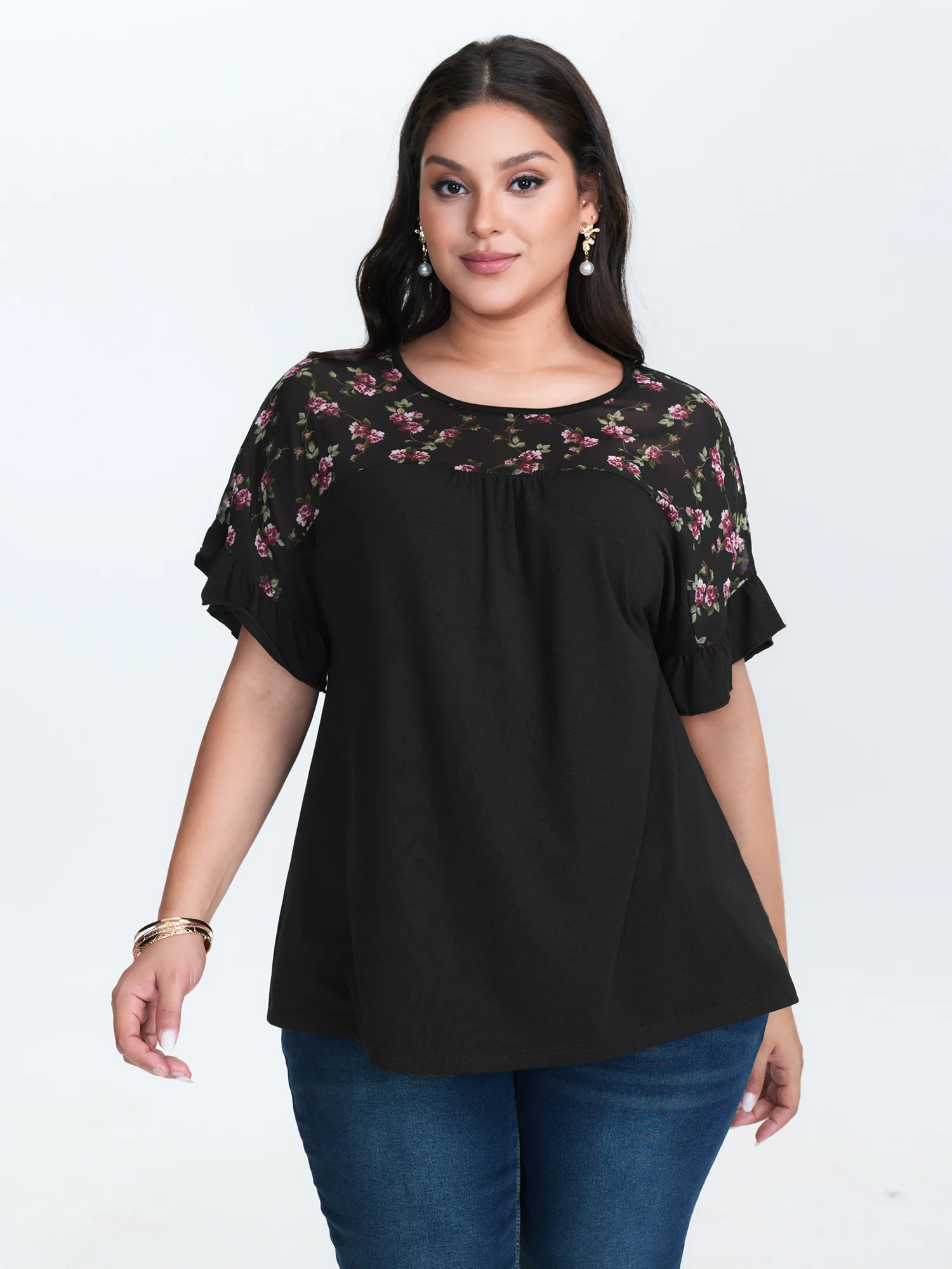 Sheer Floral Print Contrast Knit Top