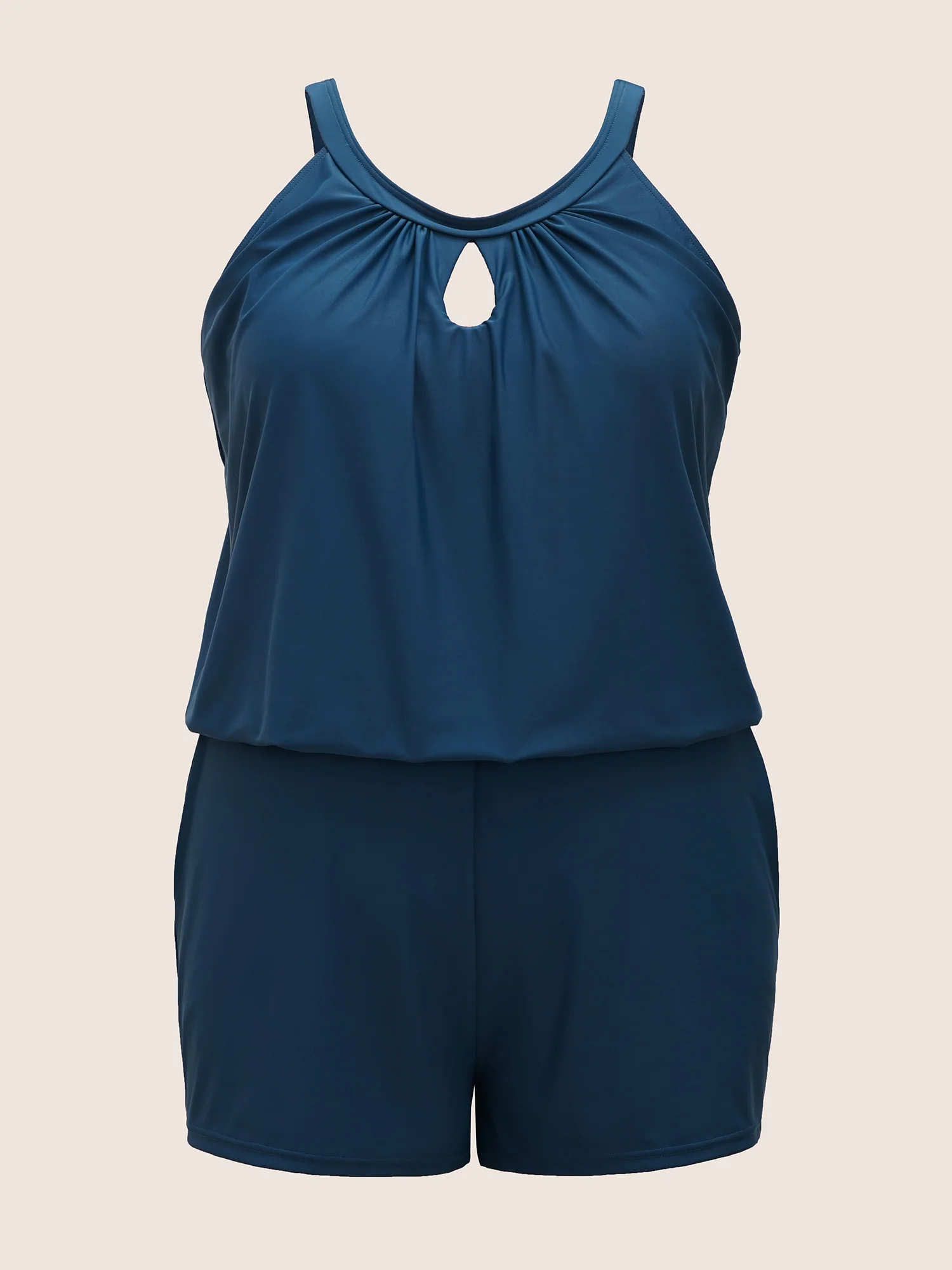 Solid Keyhole Elastic Waist Gathered One Piece Swimsuit - Image 25