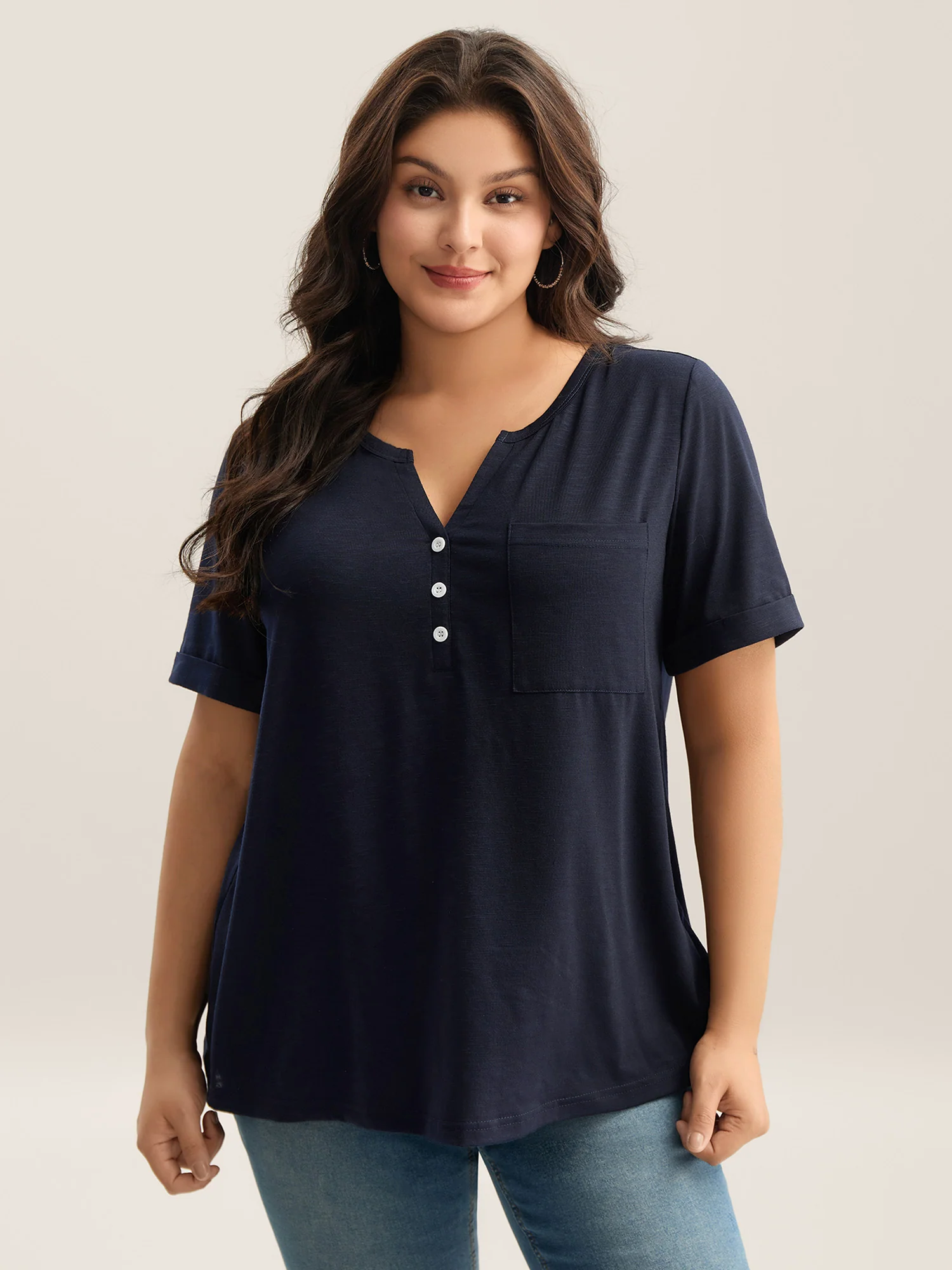 Solid Split Neck Button Detail T-Shirt - Image 5
